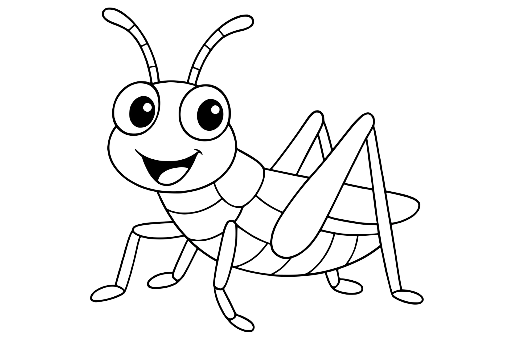 Grasshopper with big eyes, long antennae, six legs, and folded wings.