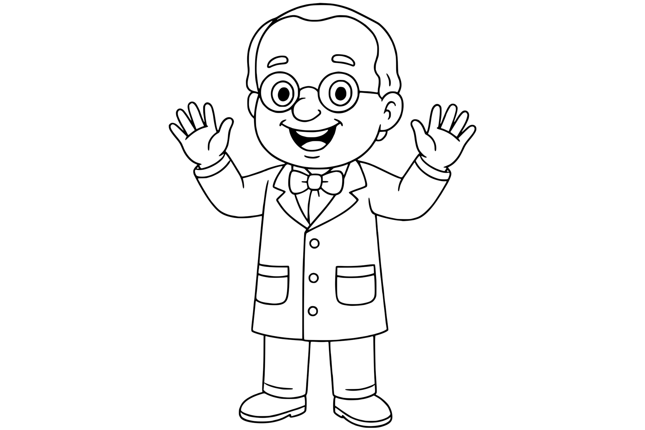 Gregor Mendel smiling with glasses and bow tie, raising both hands with open palms, wearing a long coat.
