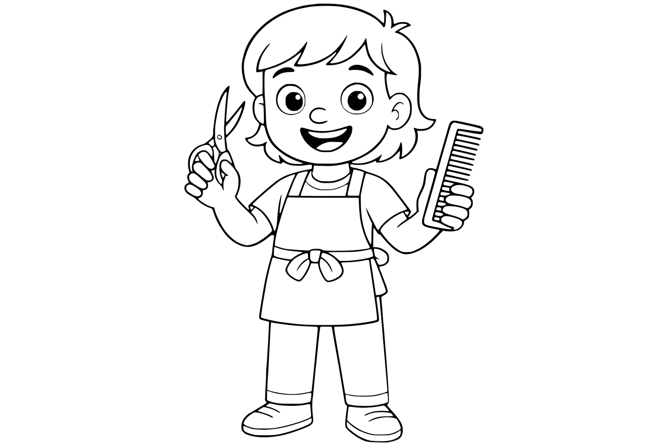 Smiling hairdresser wearing an apron, holding a pair of scissors in one hand and a comb in the other.
