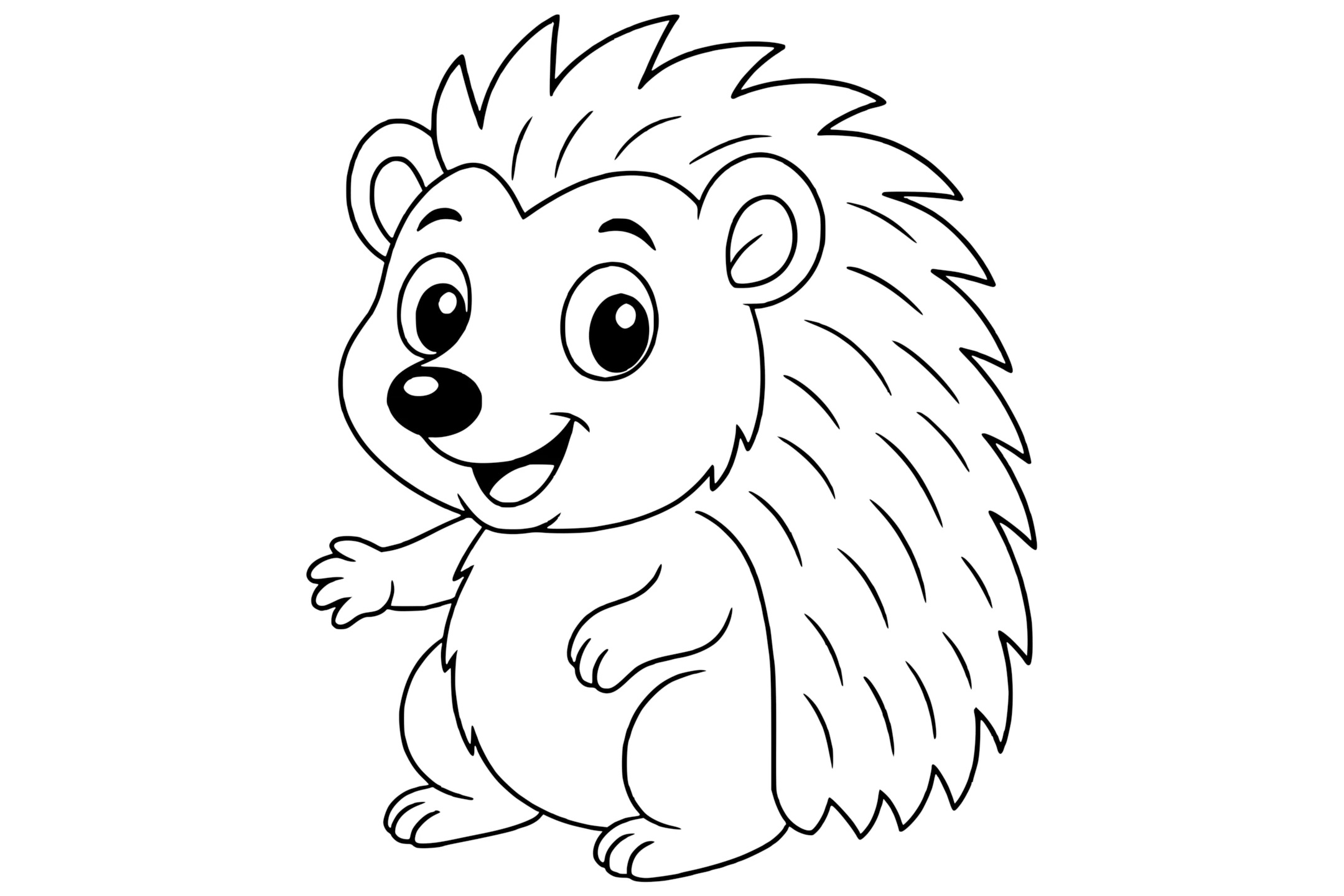Hedgehog with round ears, big eyes, a pointed nose, short arms, and spiky back.