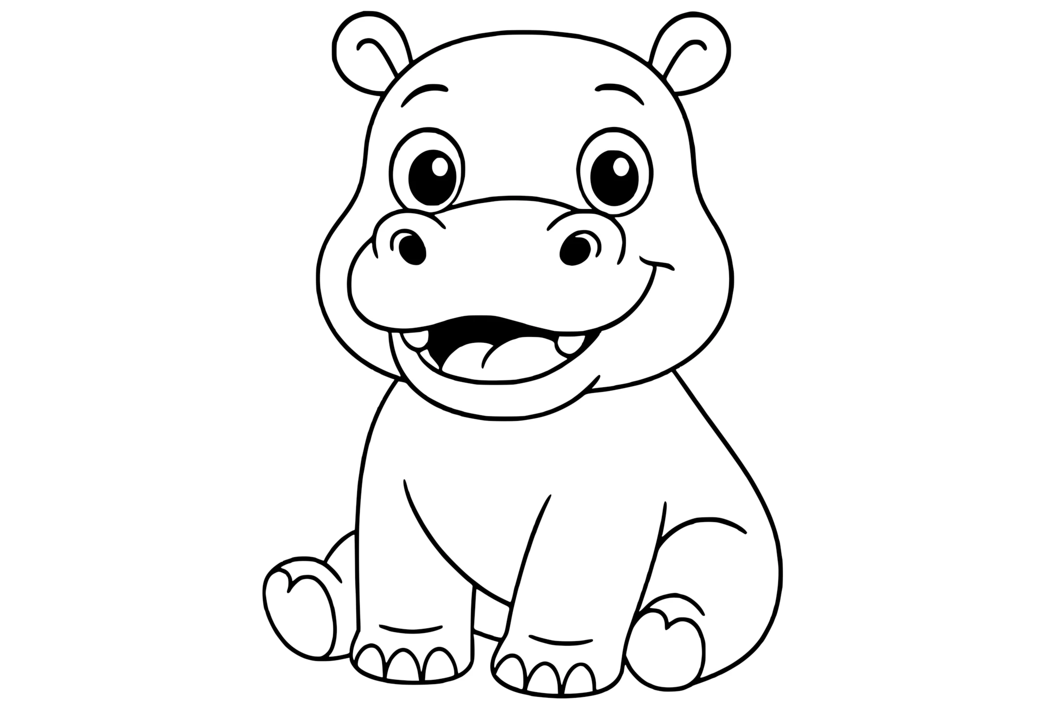 Hippopotamus sitting with round ears, big eyes, wide mouth, and visible teeth.