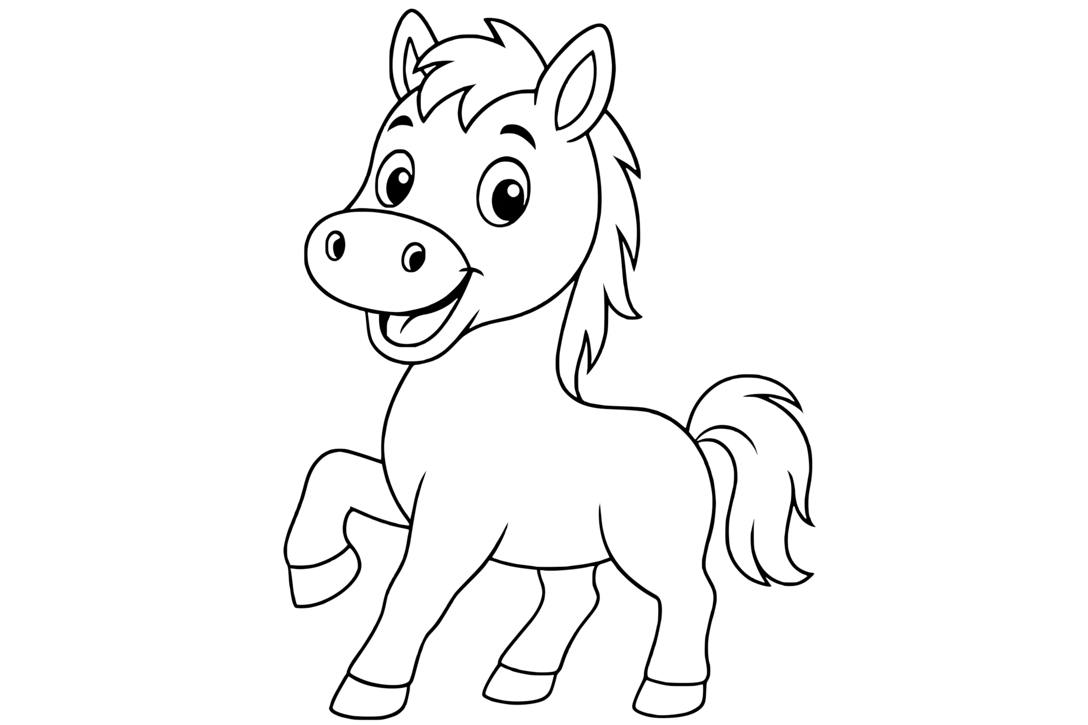 Horse with a smiling face, raised front leg, fluffy tail, and big eyes.