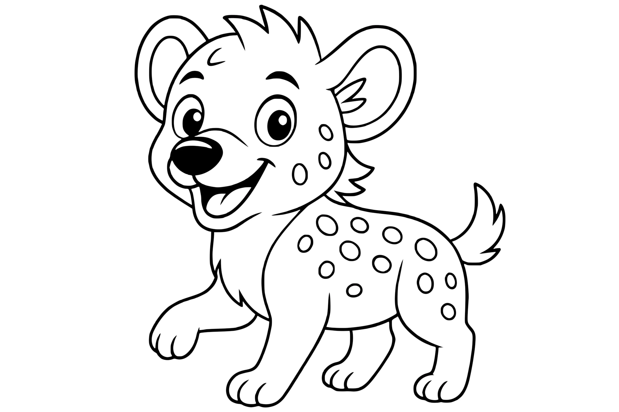 Hyena with round ears, a spotted body, raised paw, and an open smiling mouth.
