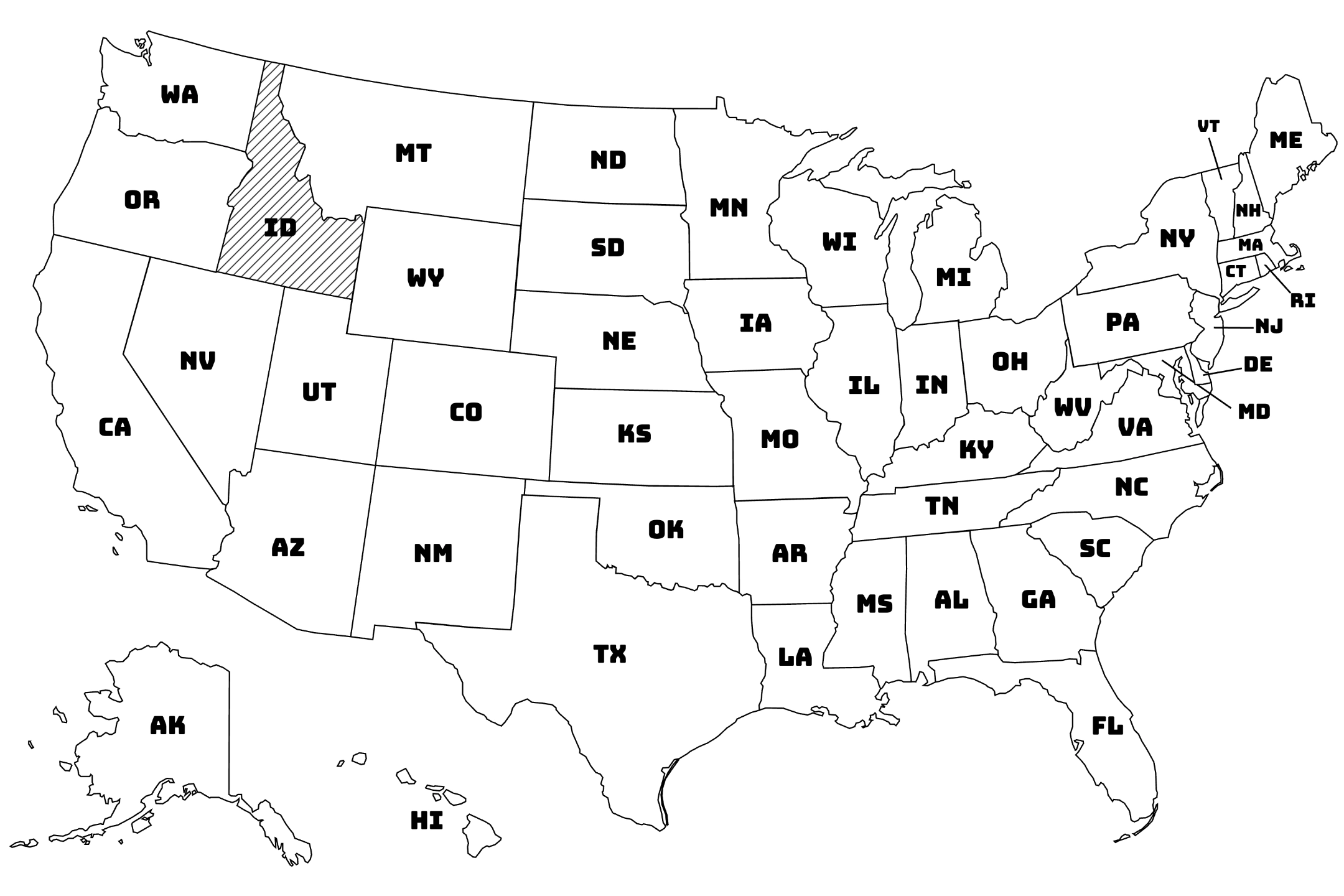 Map of the United States with Idaho highlighted using diagonal shading.