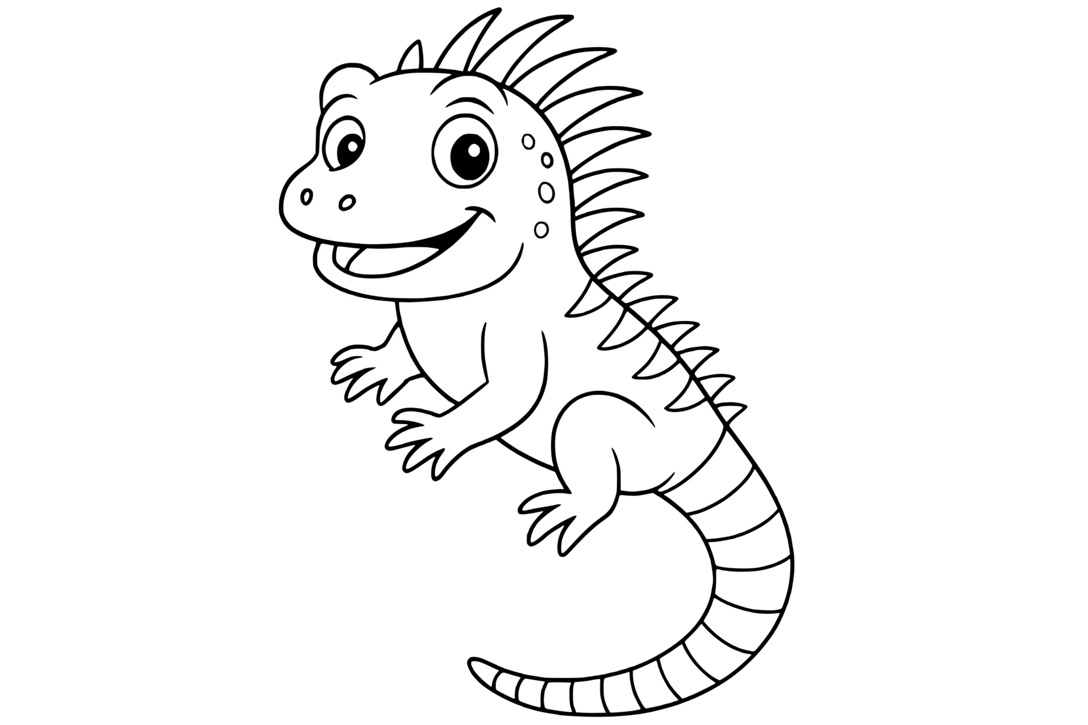 Iguana with a striped tail, spiky crest along its back, four legs, and round eyes.