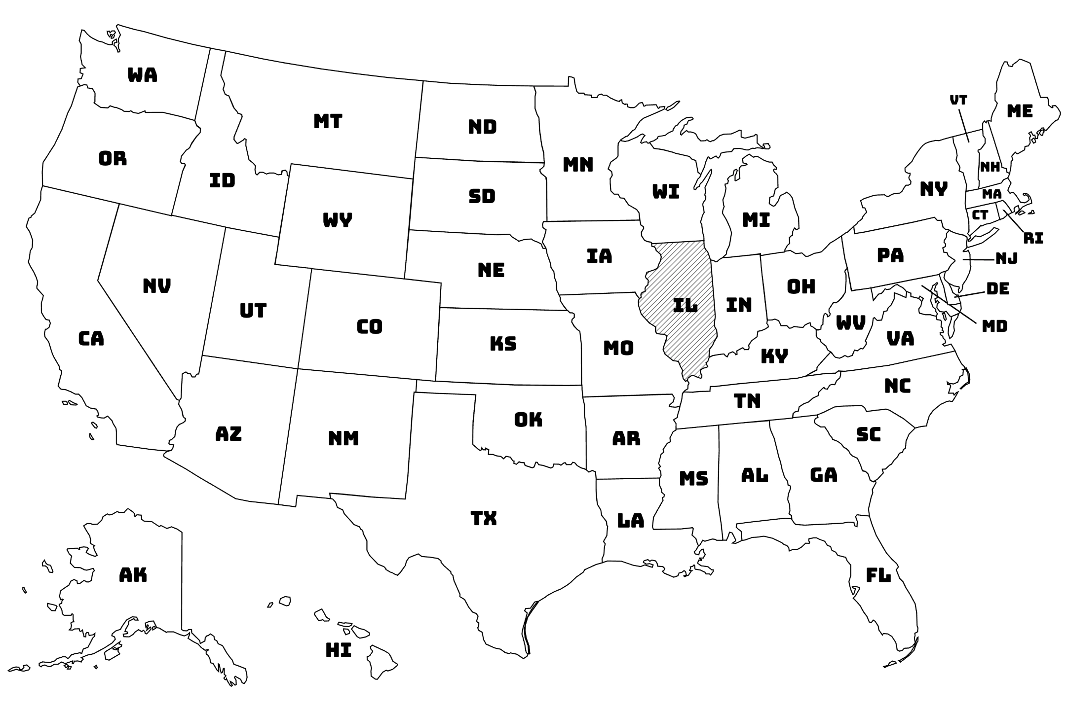 Map of the United States with Illinois highlighted using diagonal shading.