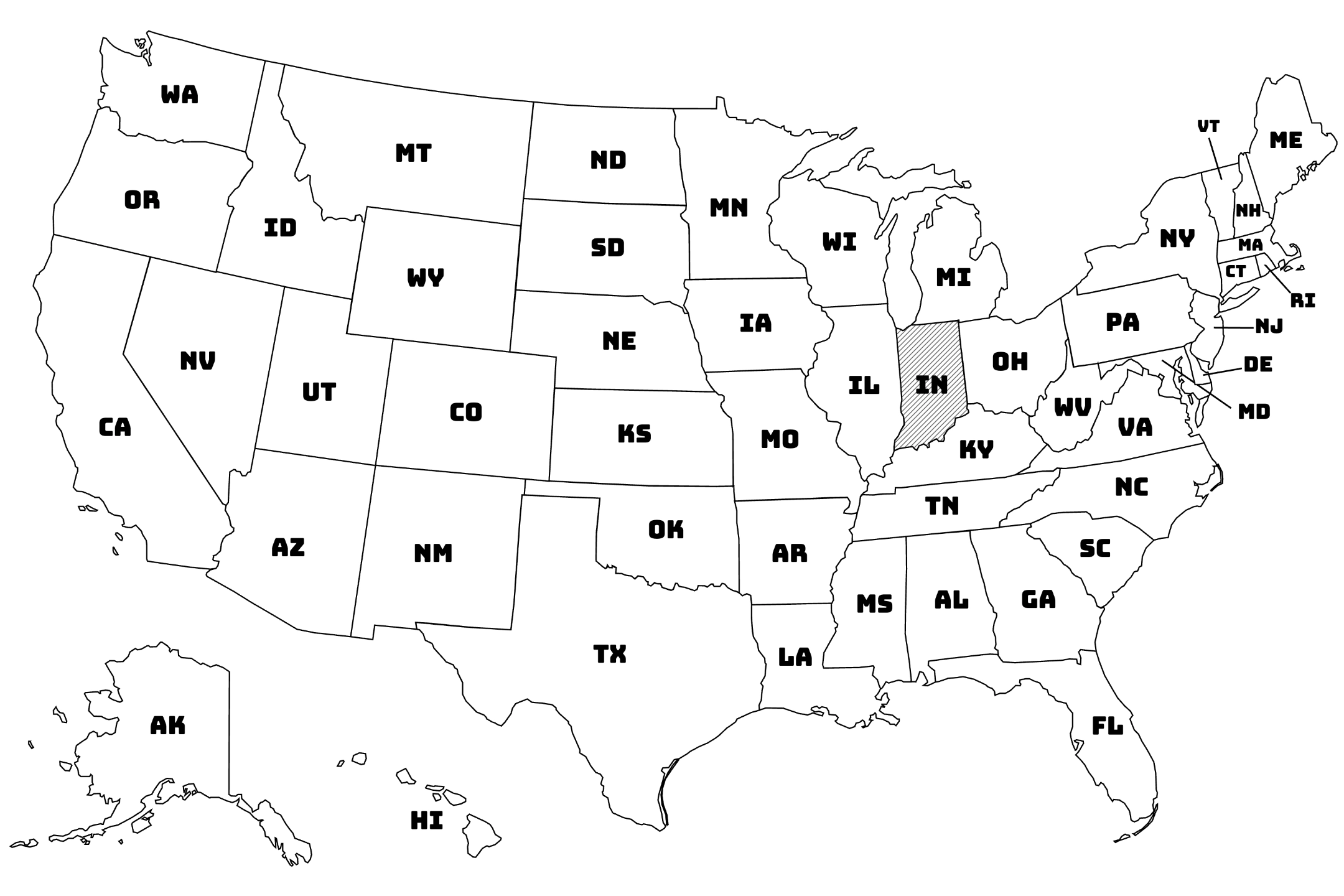 Map of the United States with Indiana highlighted using diagonal shading.