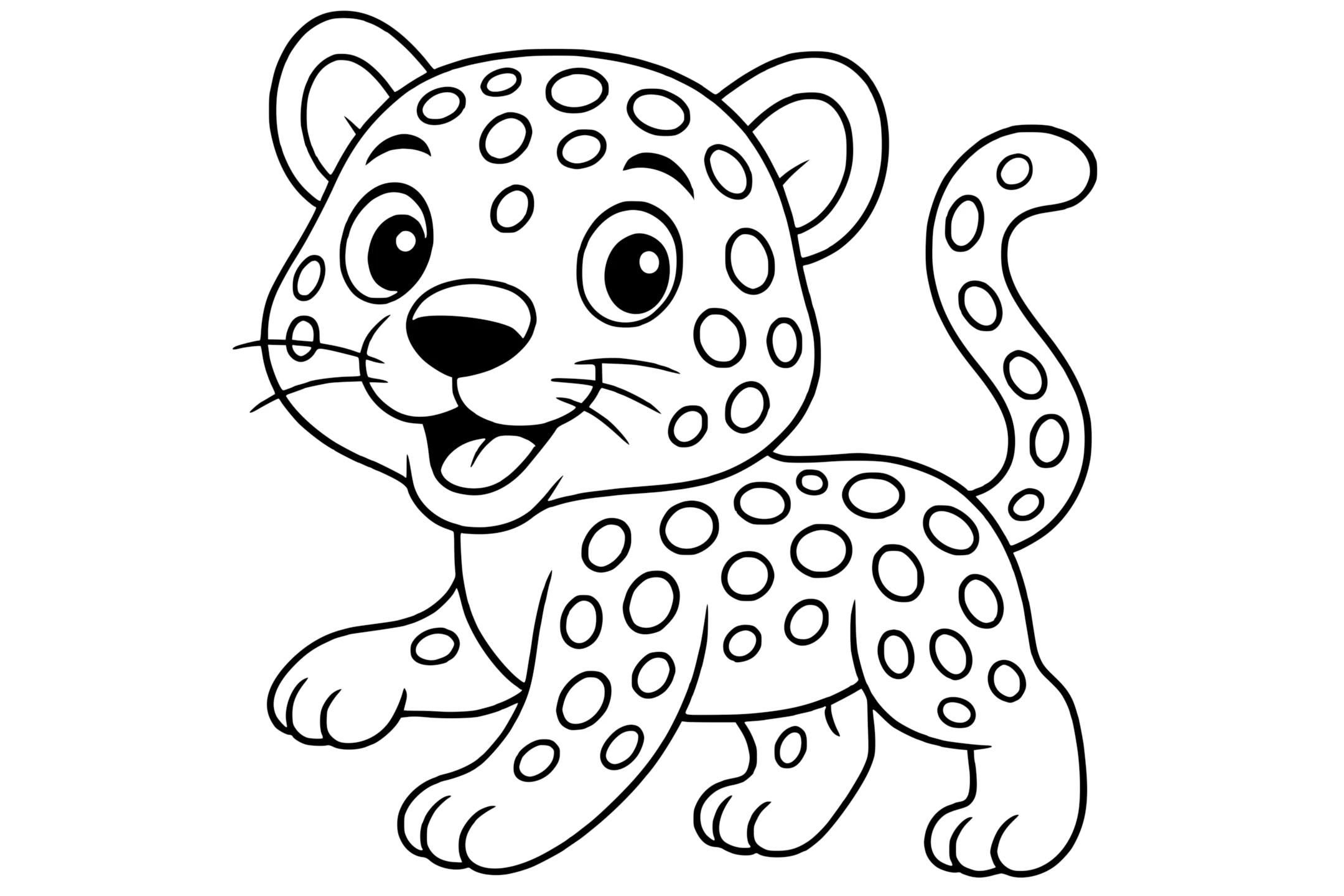 Jaguar with big eyes, a smiling mouth, round spots on its body, and a long curved tail.