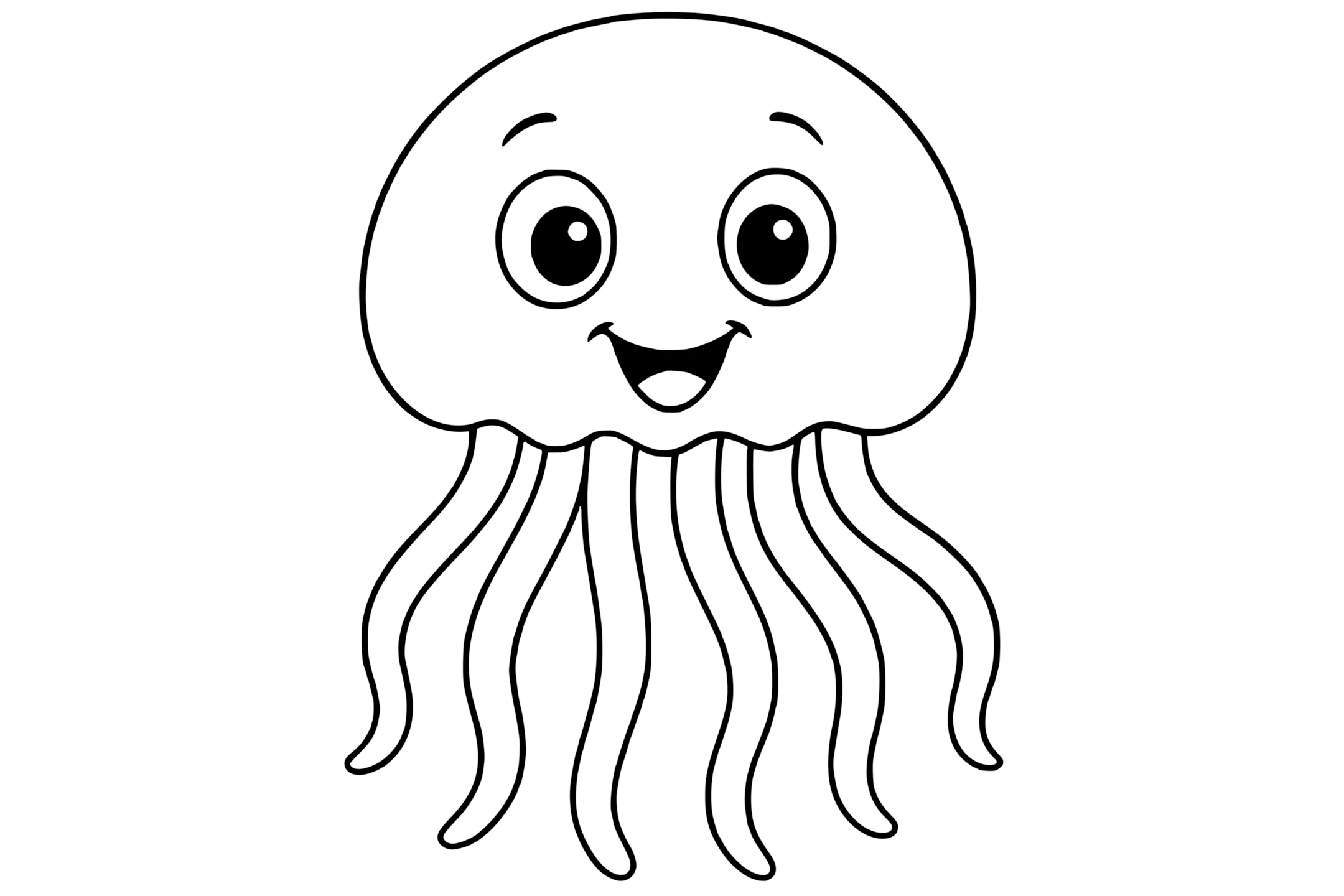 Jellyfish with a round bell-shaped head, large eyes, and eight wavy tentacles.