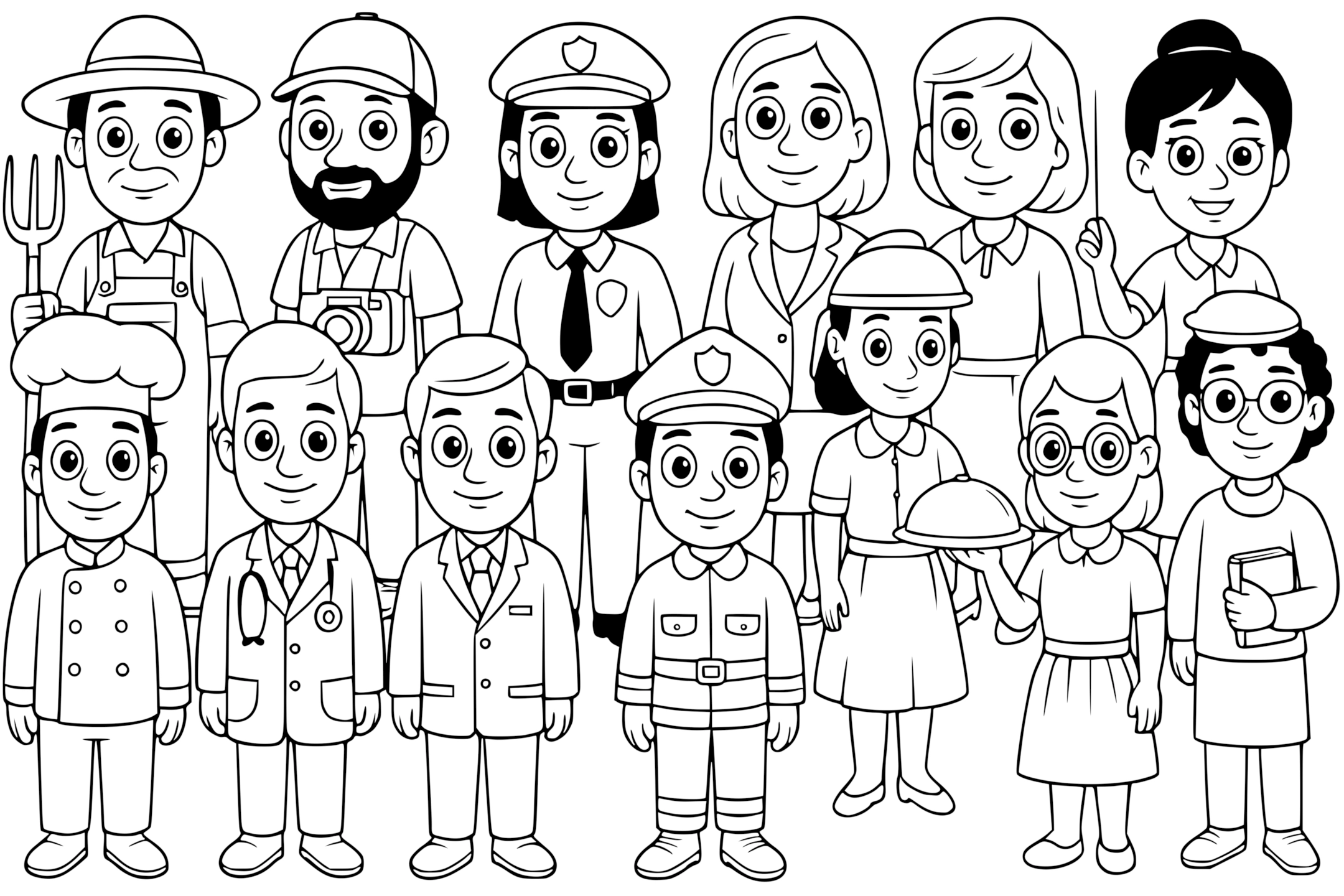 Cute job-themed coloring page for kids: farmer, photographer, police officer, doctor, firefighter, chef, teacher, waiter, and more, all drawn with big open eyes and cartoon style on a white background.