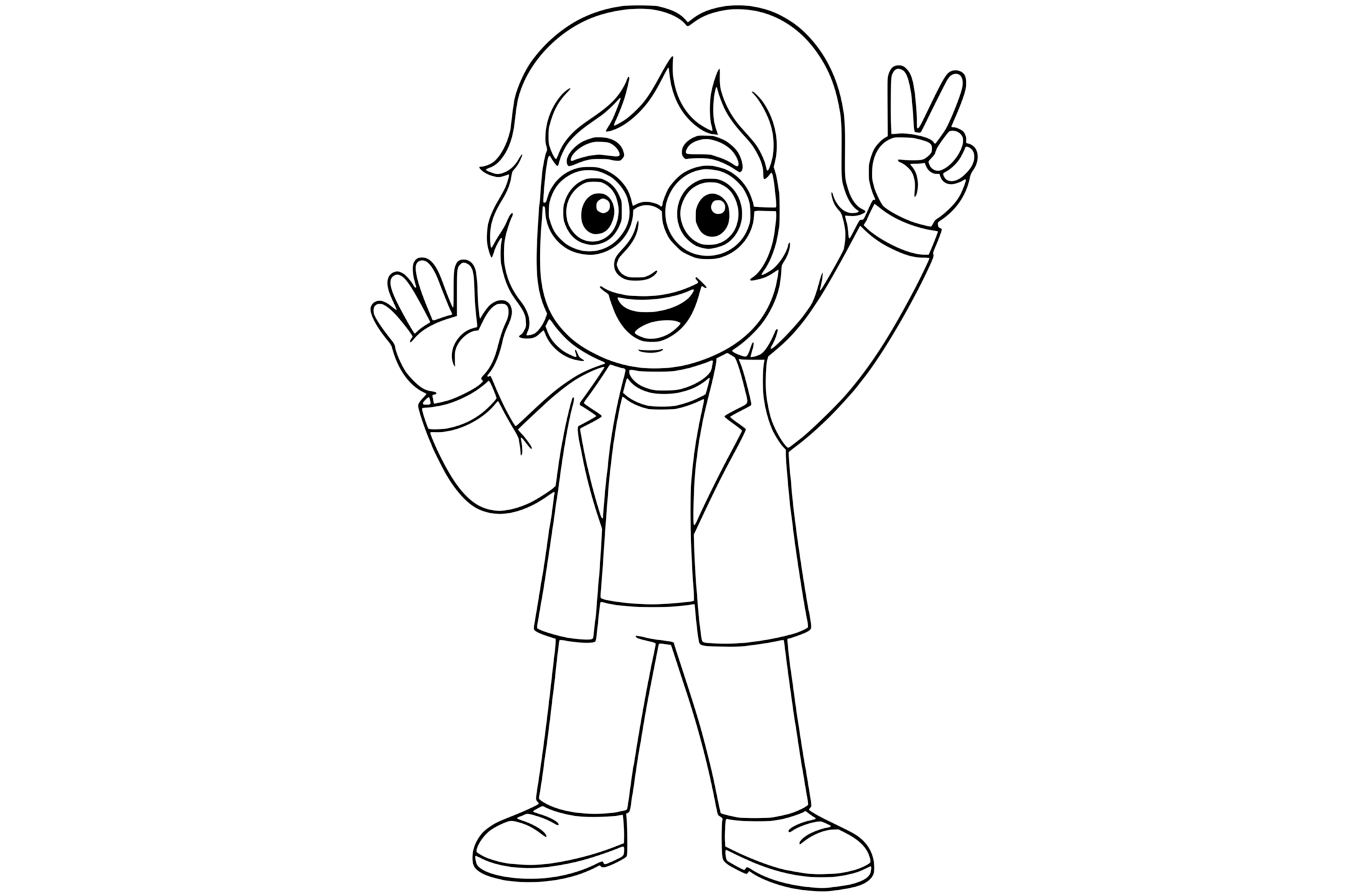 John Lennon smiling with round glasses, raising one hand in a peace sign and the other in a wave, wearing a jacket and pants.