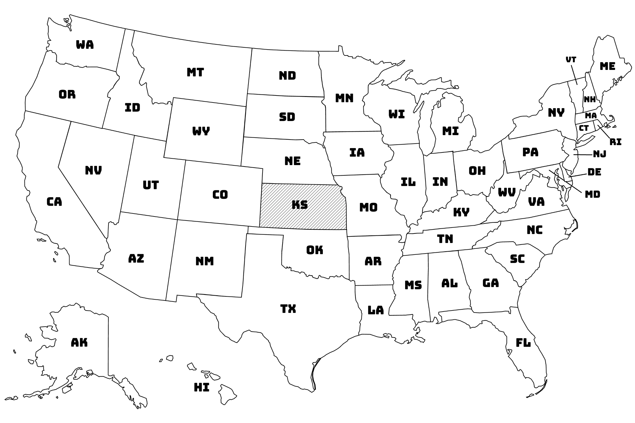 Map of the United States with Kansas highlighted using diagonal shading.