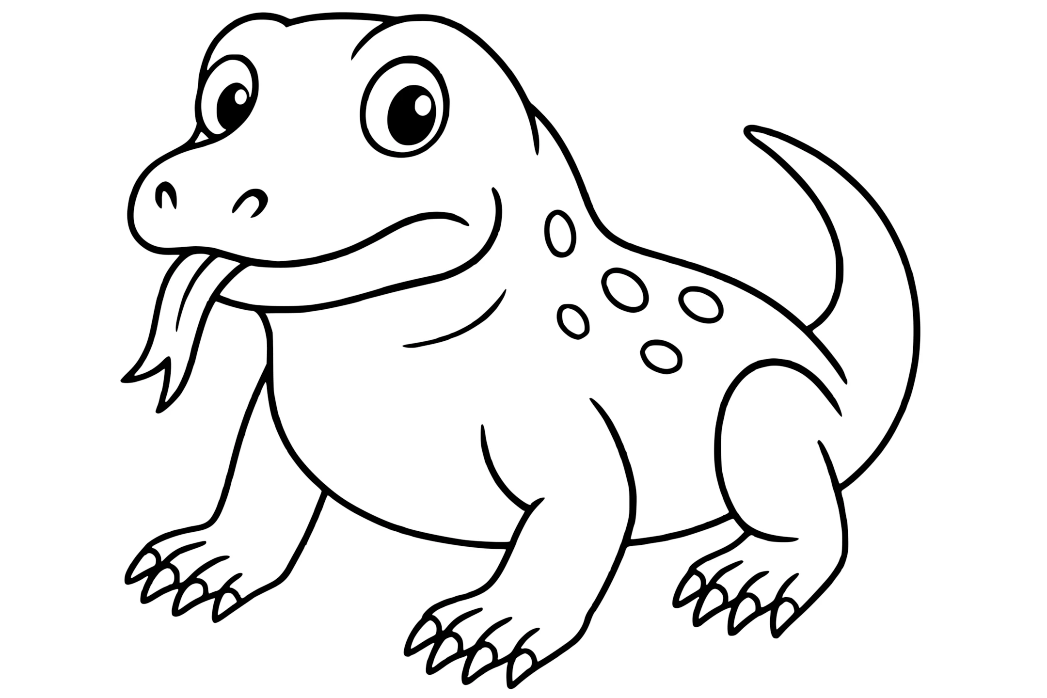 a calm Komodo dragon with four legs, a long tail, a forked tongue, and spots on its back.