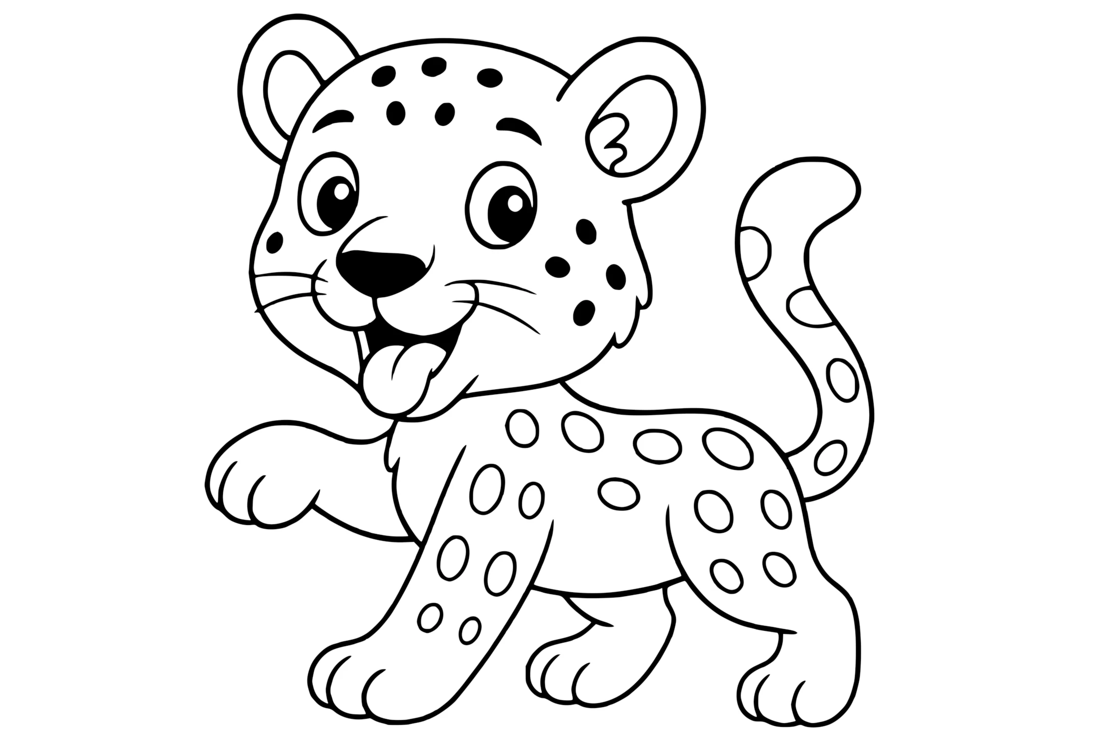 Leopard with round ears, a long tail, four legs, and a tongue sticking out.