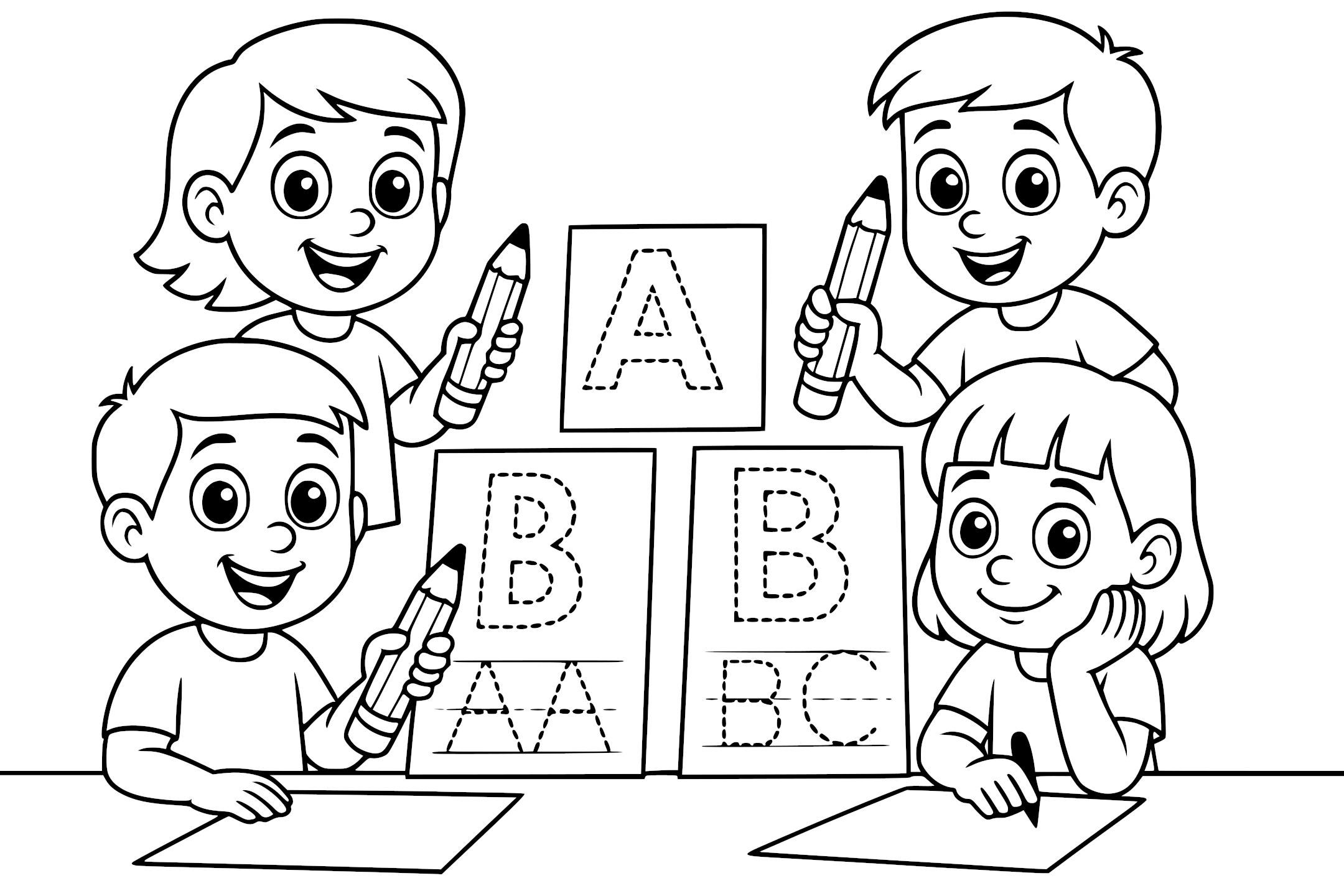 Letter tracing worksheet illustration with four smiling children using big pencils to trace dotted letters like A, B, and C in black and white cartoon style on a white background.