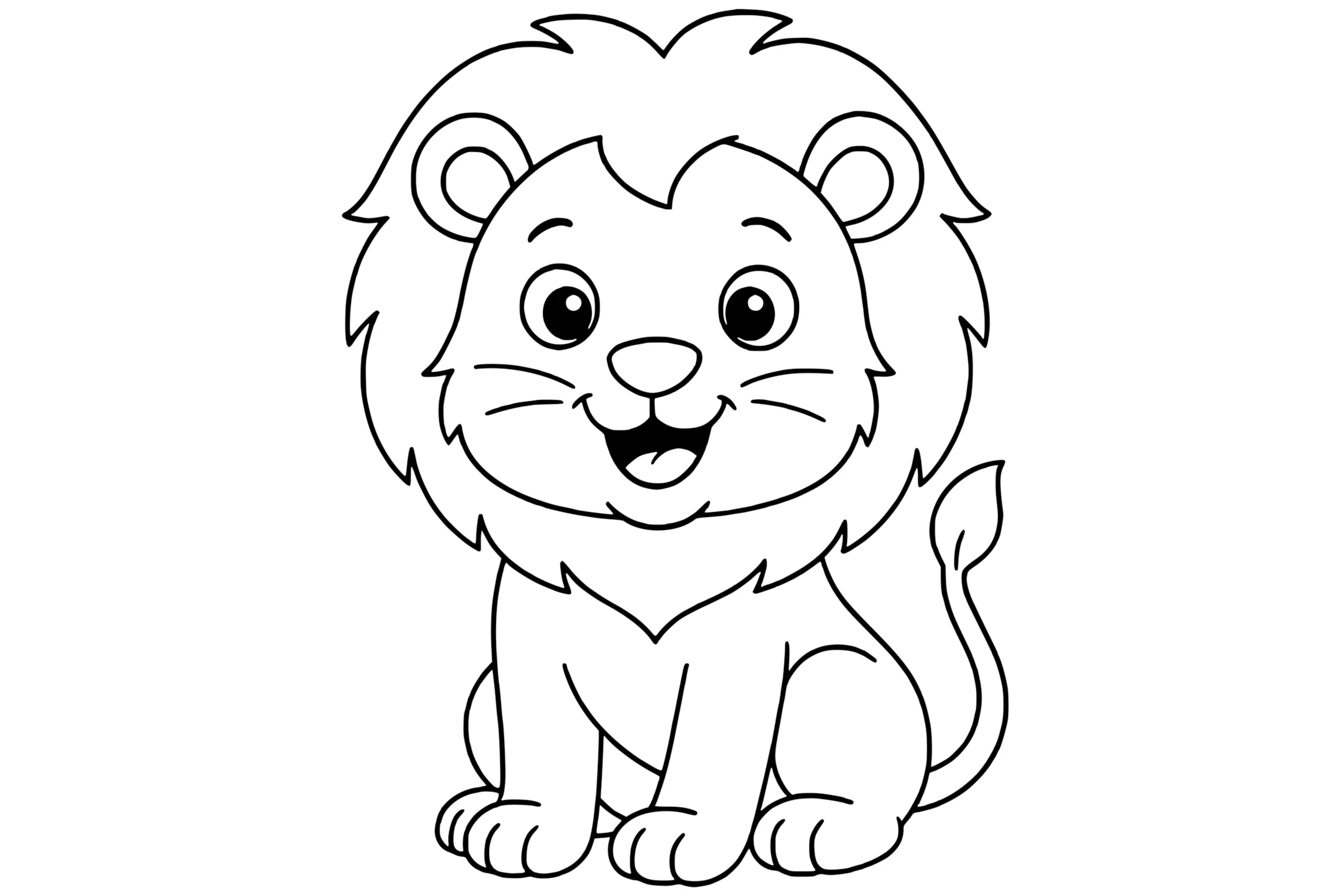Lion with a full mane, round ears, a happy face, and a curled tail.