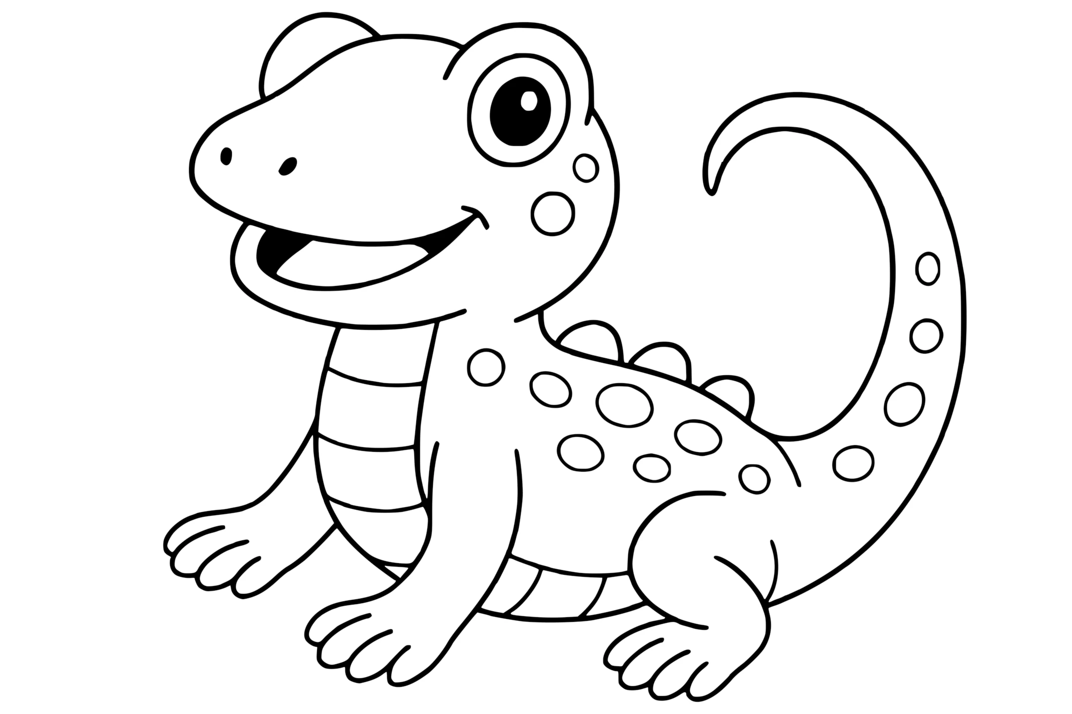 Lizard with big eyes, a wide smile, four legs with toes, a long curled tail, and spots along its back.