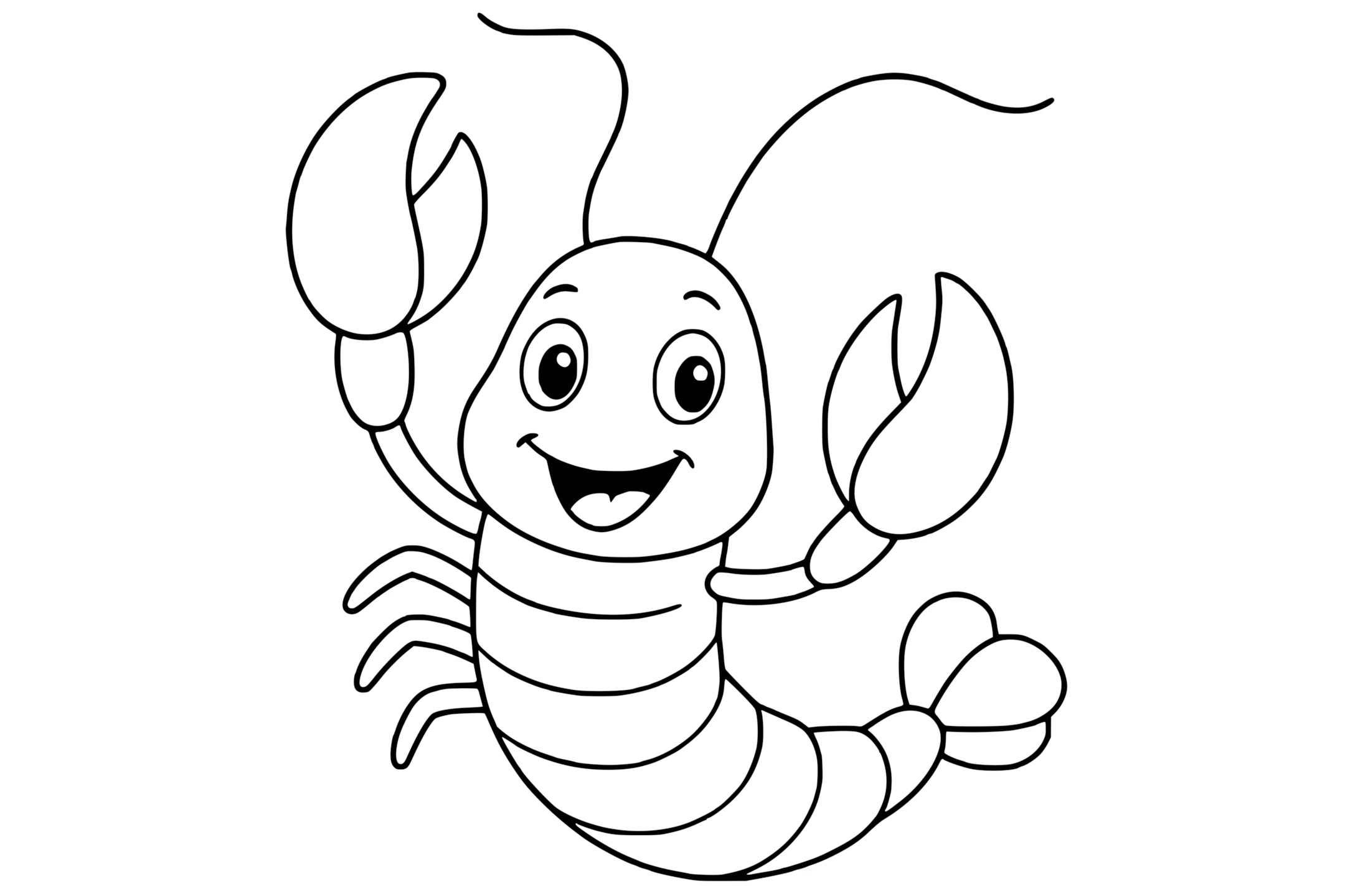 Lobster with large claws, curved antennae, segmented body, and fan-shaped tail.