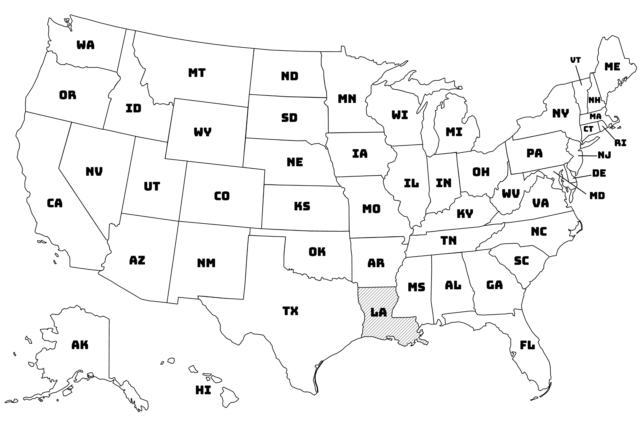 Map of the United States with Louisiana highlighted using diagonal shading.