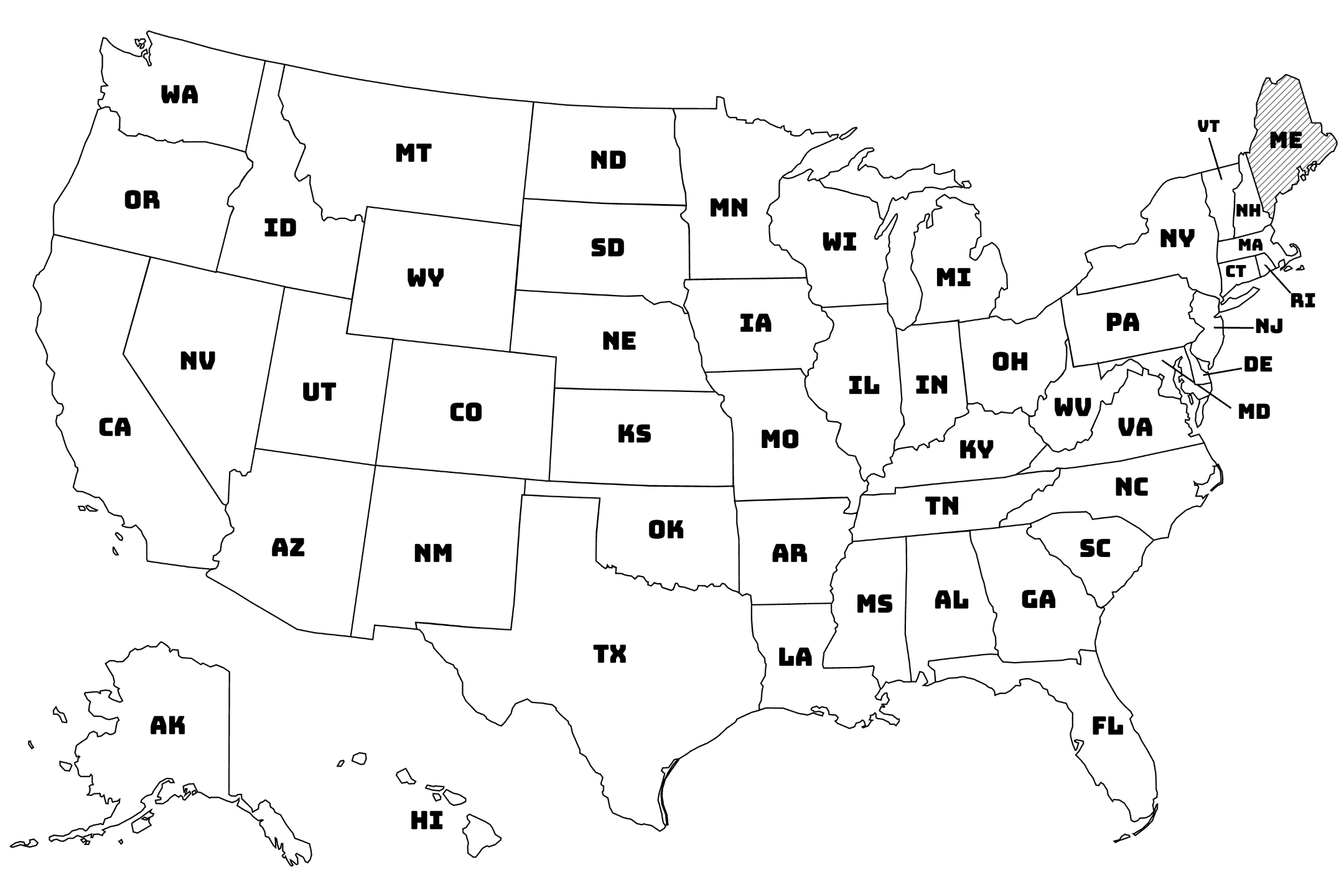 Map of the United States with Maine highlighted using diagonal shading.