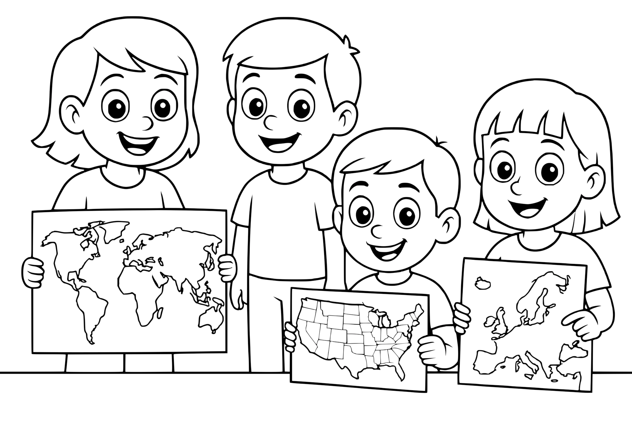 Map illustration with four children holding outline maps of the United States and Europe, smiling with big eyes in cartoon style on a white background.