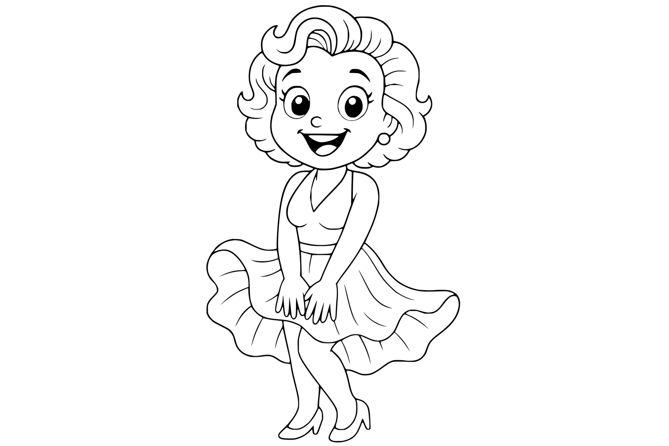 Marilyn Monroe smiling with short curly hair, wearing a flowing dress and high heels, holding down her skirt with both hands.