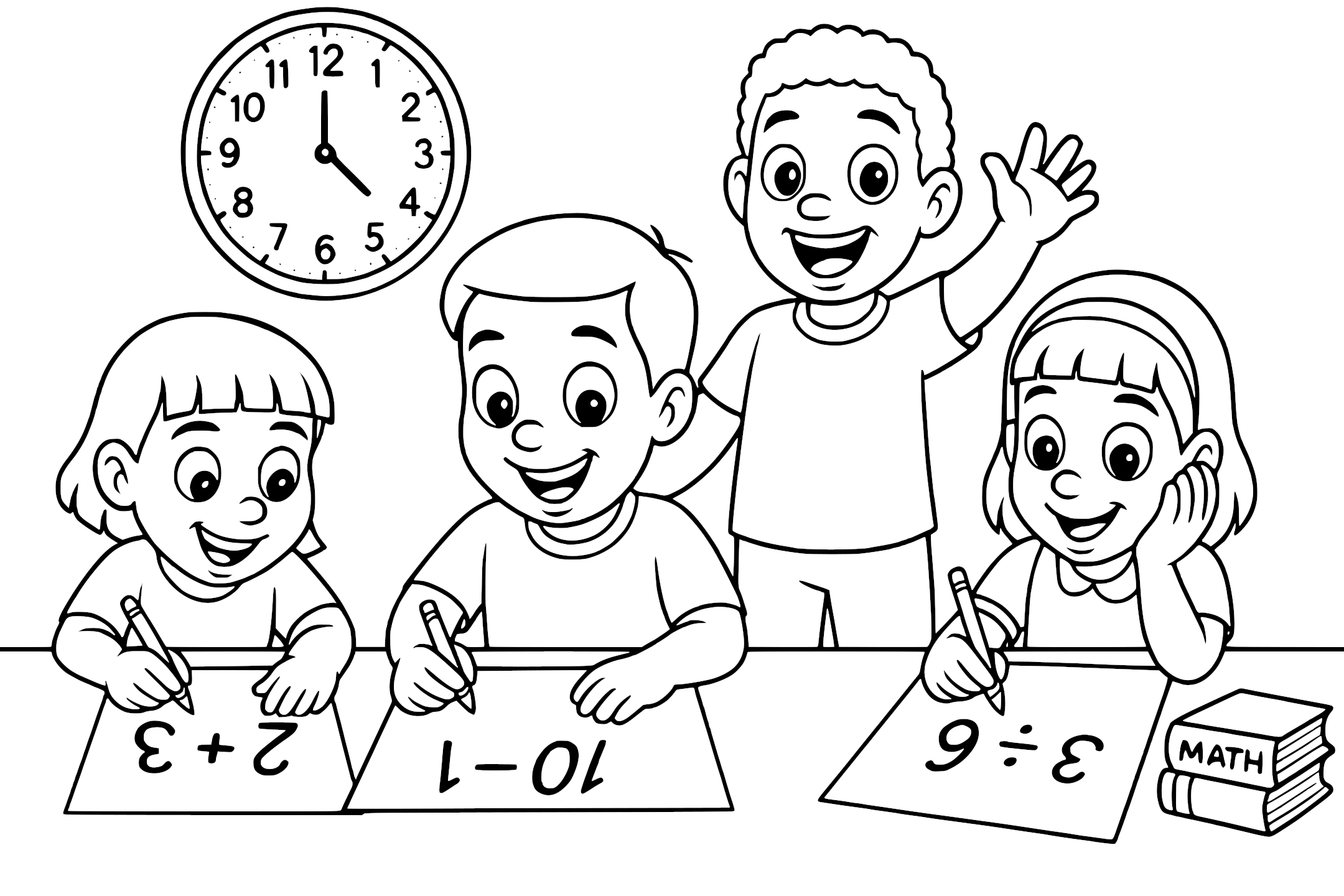 Four happy kids doing math worksheets at a table, with a clock, a plus sign, and the words 'Math Worksheets' in the background, drawn in black and white cartoon style.