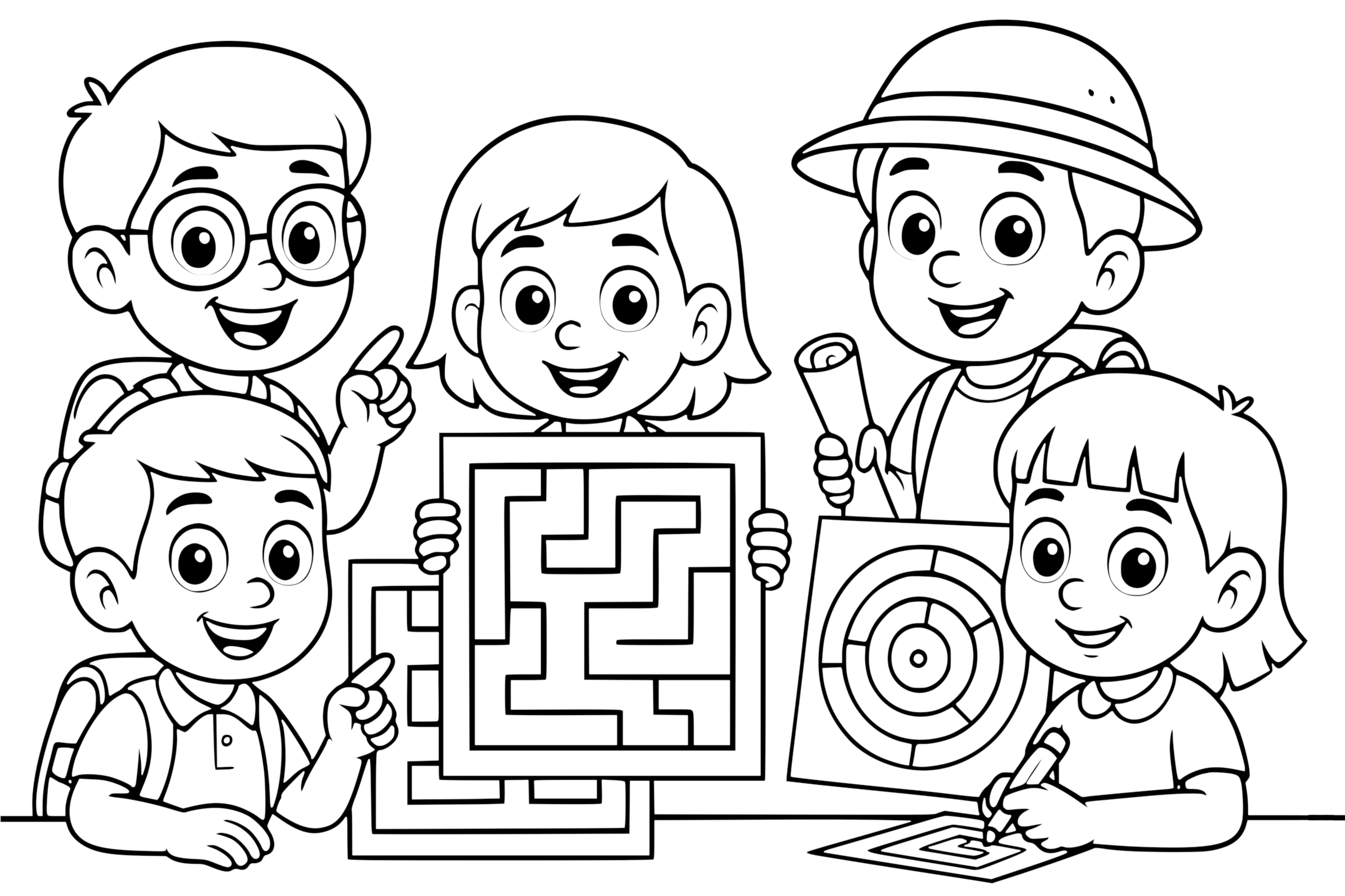Cute maze activity illustration for kids: four children with big open eyes smiling around square, rectangular, and circular mazes, drawn in cartoon style on a white background.