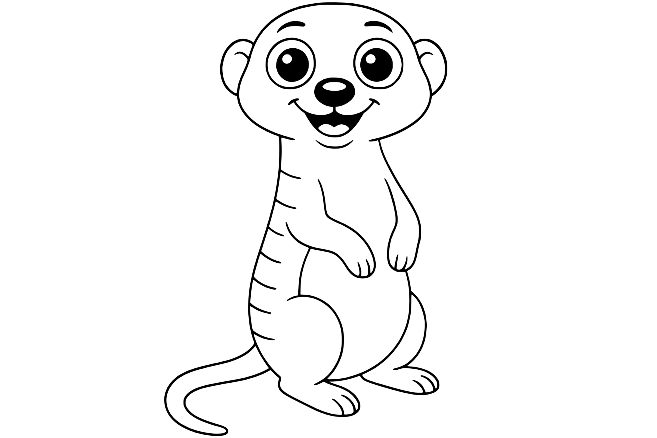 Meerkat standing upright with big eyes, short arms, rounded ears, and a long tail.