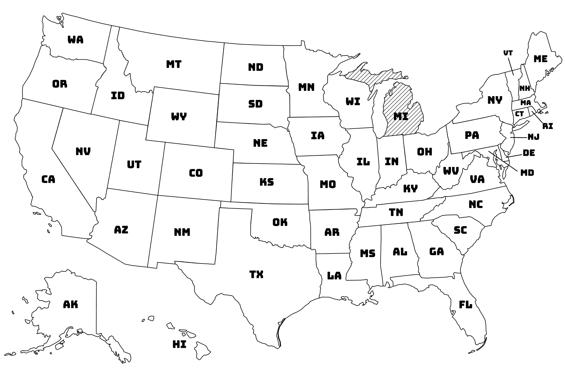 Map of the United States with Michigan highlighted using diagonal shading.