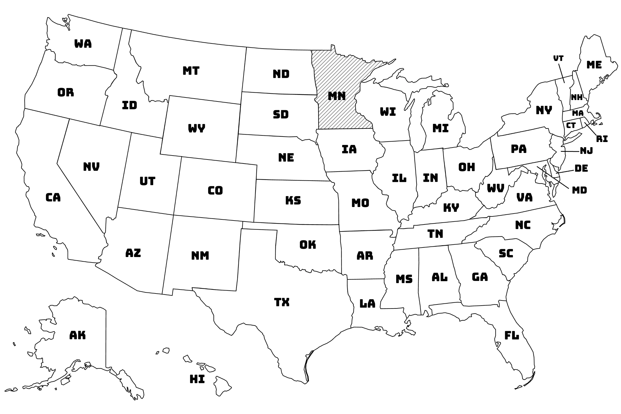 Map of the United States with Minnesota highlighted using diagonal shading.