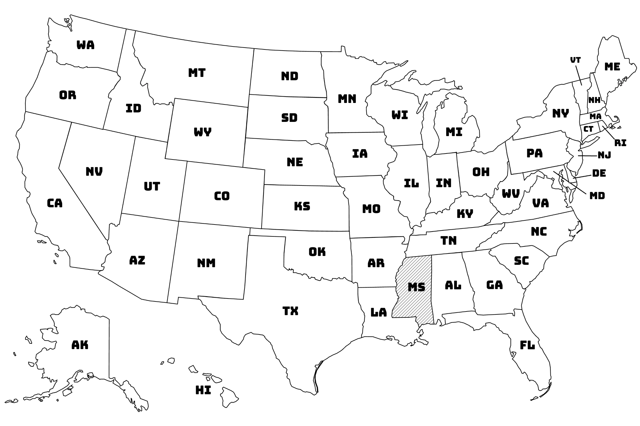 Map of the United States with Mississippi highlighted using diagonal shading.