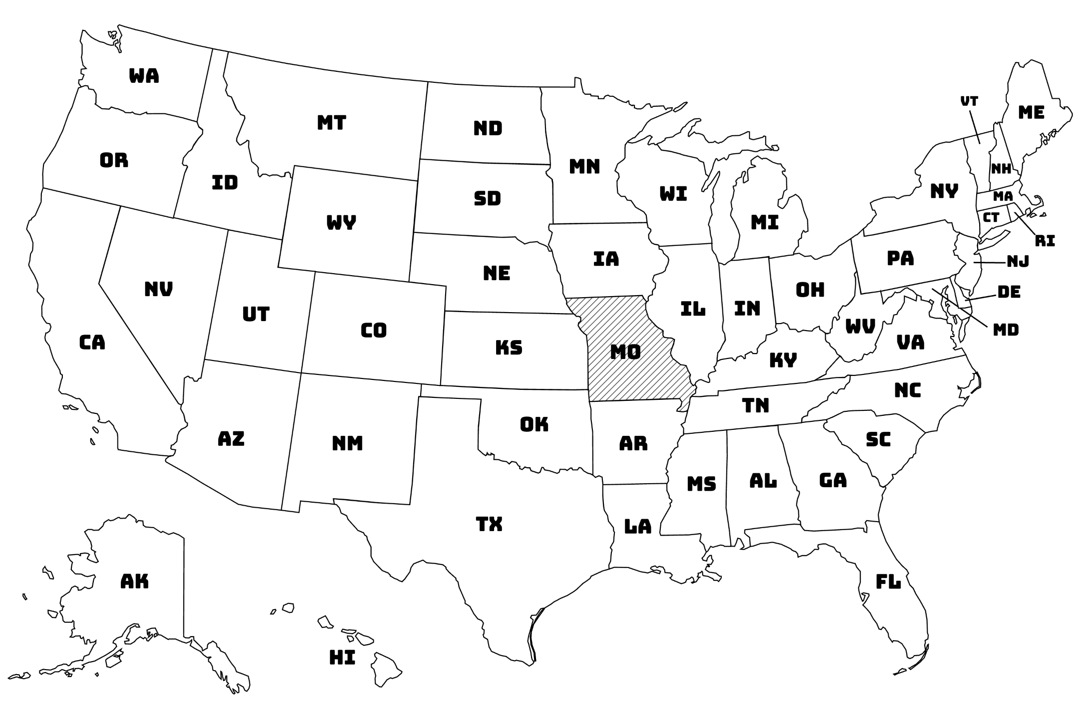 Map of the United States with Missouri highlighted using diagonal shading.