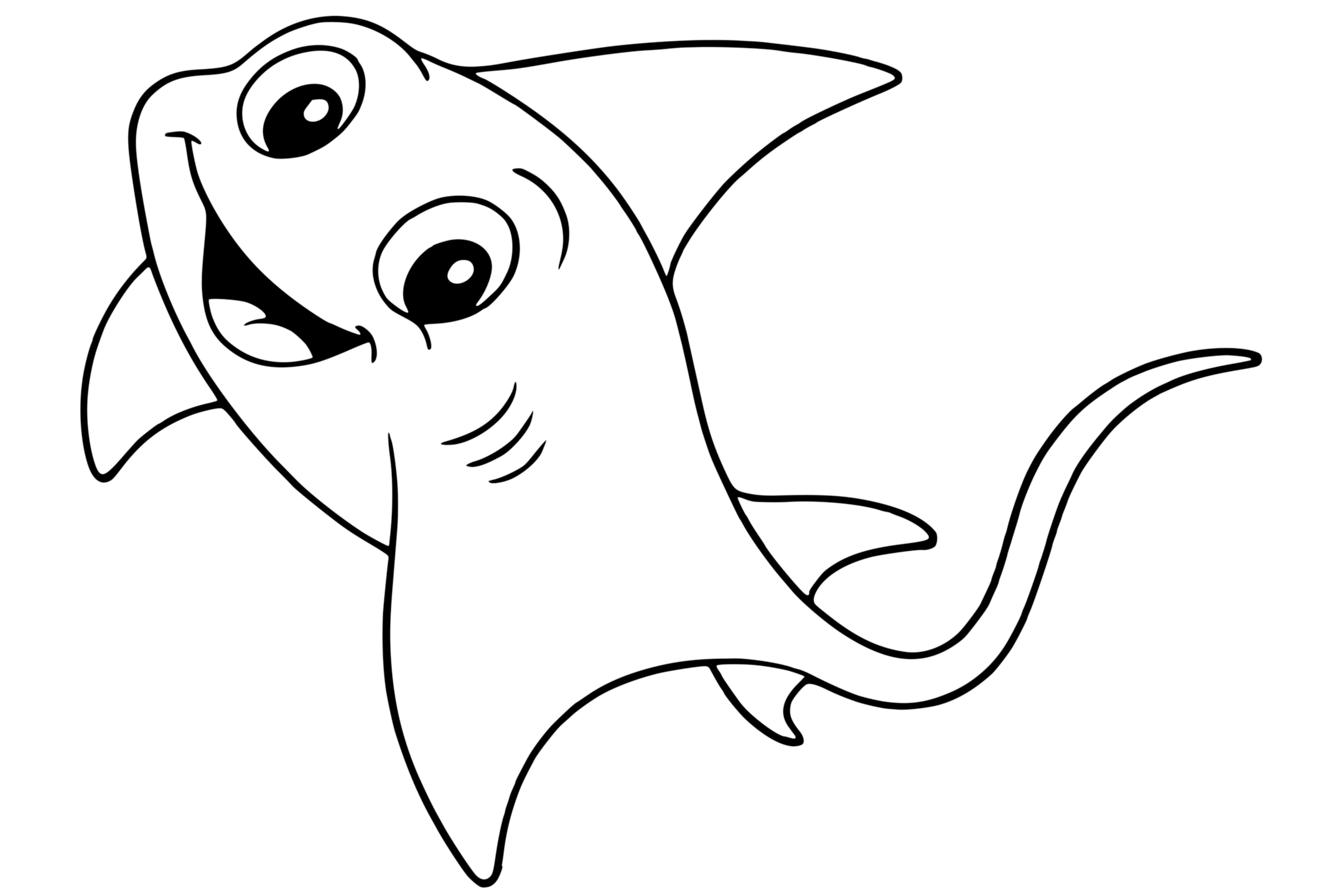 Mobula Ray with large eyes, curved fins, a tall dorsal fin, and a long tail.