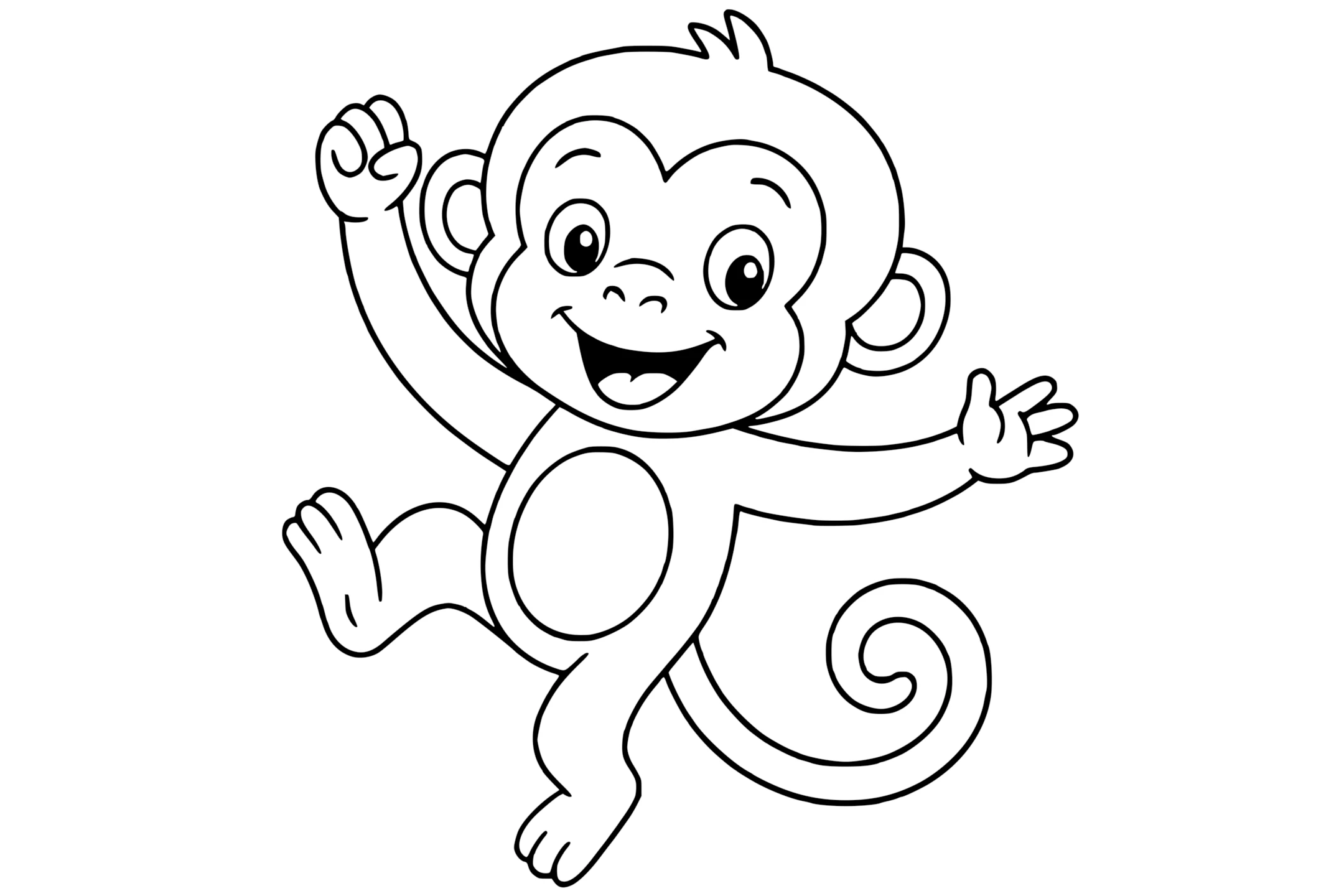 Monkey with big eyes, open mouth smile, curly tail, and arms raised in the air.