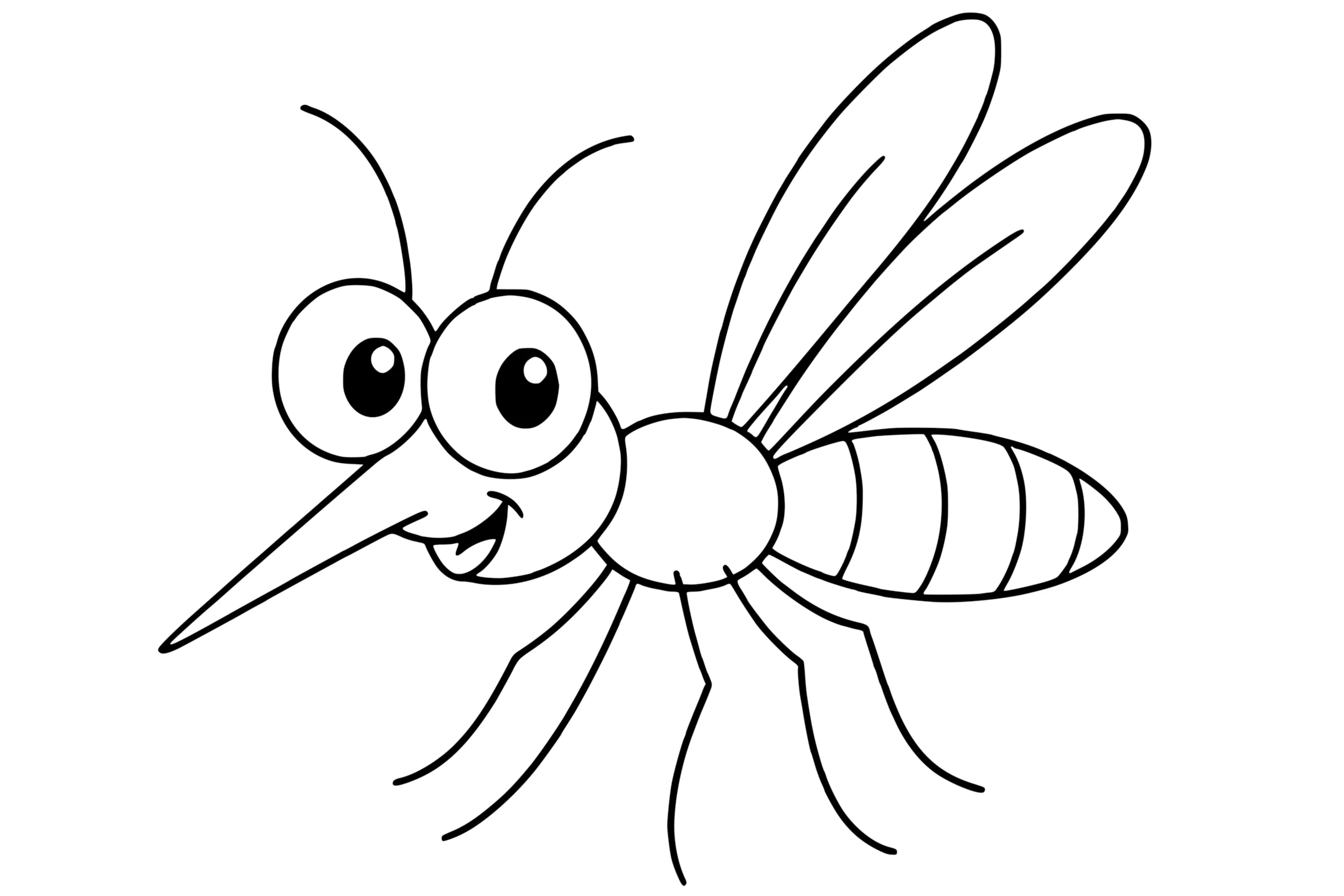 Mosquito with big eyes, long pointed nose, six legs, and two large wings.
