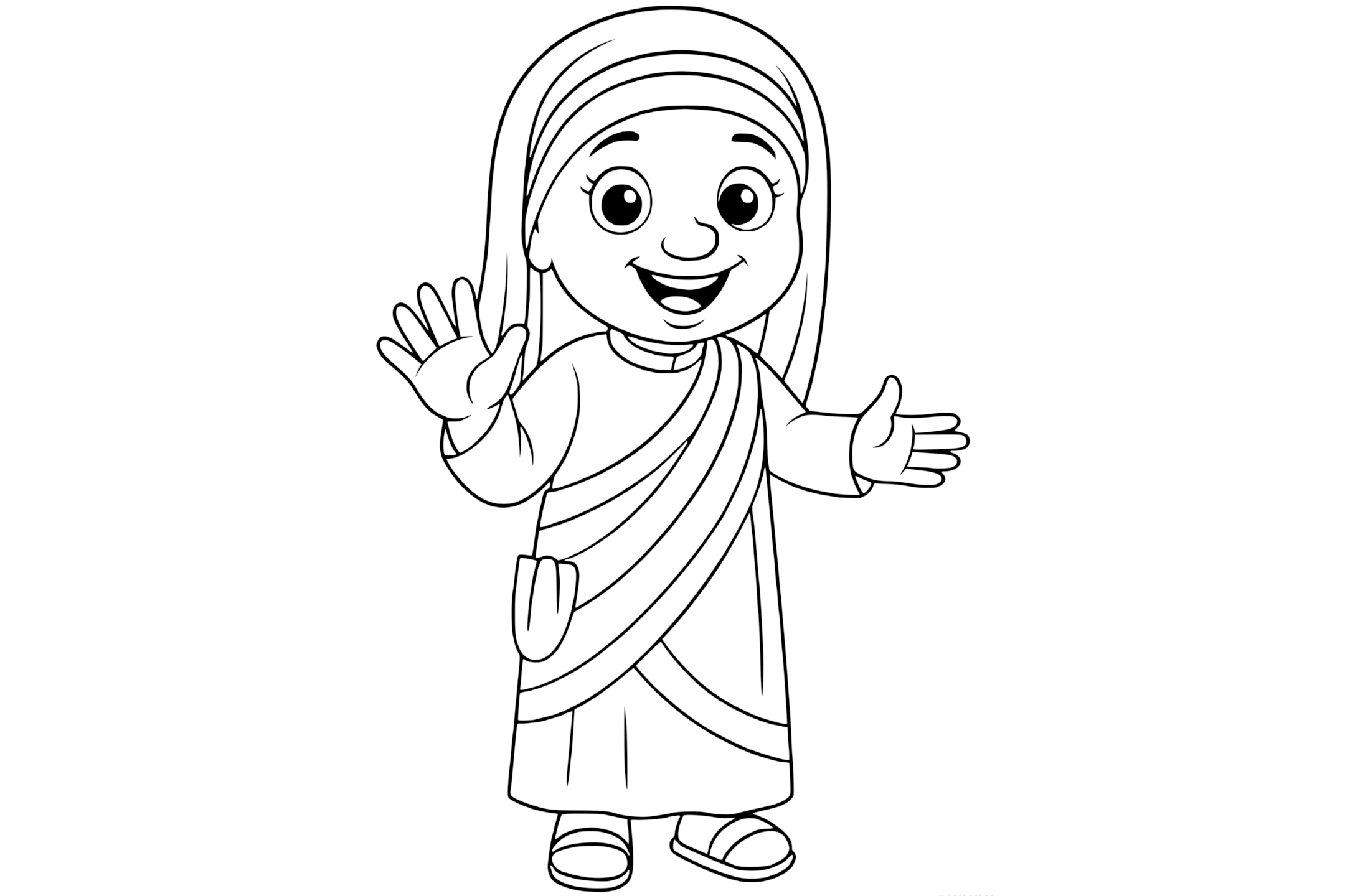 Mother Teresa smiling and waving with one hand while the other is open, wearing a robe with a head covering and sandals.