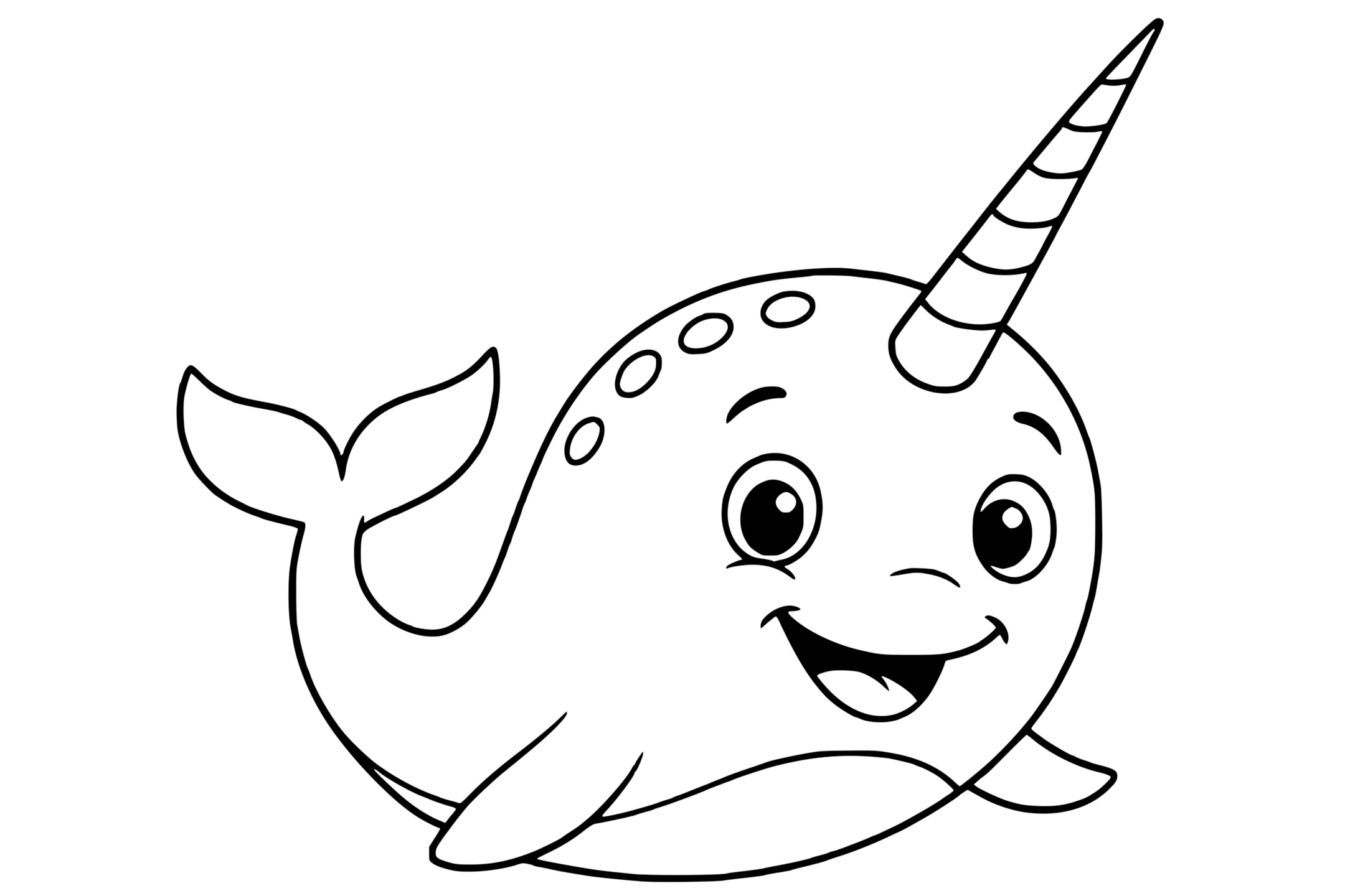 Narwhal with a long spiraled tusk, flippers, and a curved tail.
