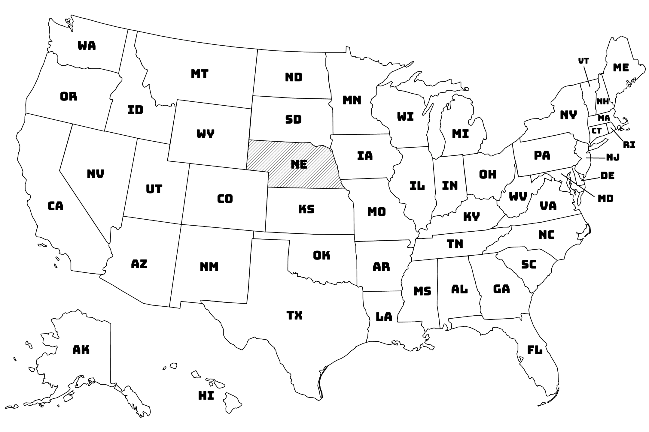 Map of the United States with Nebraska highlighted using diagonal shading.