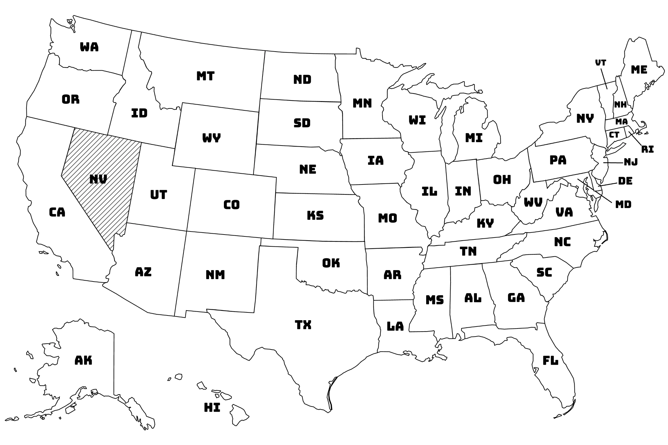 Map of the United States with Nevada highlighted using diagonal shading.