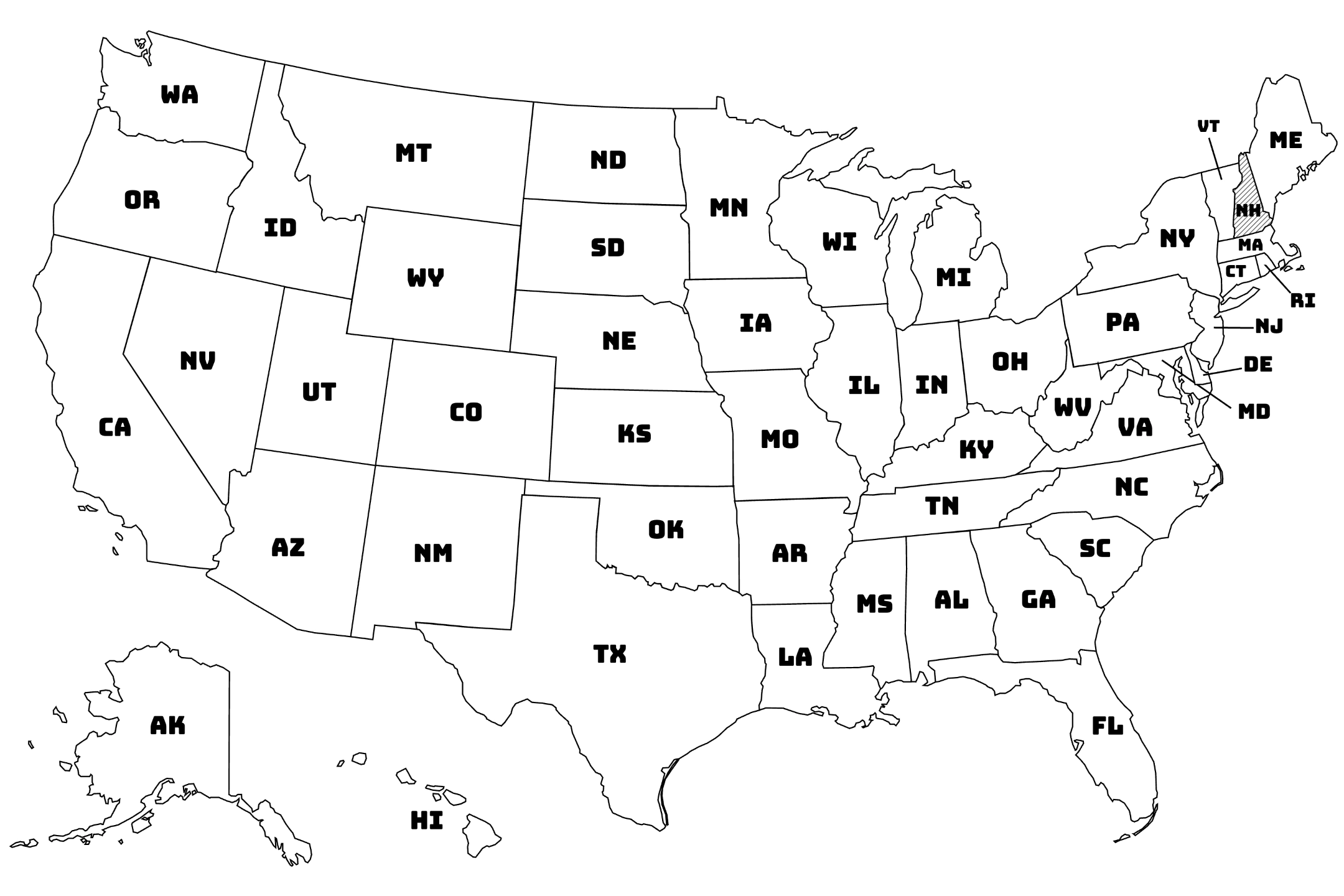 Map of the United States with New Hampshire highlighted using diagonal shading.