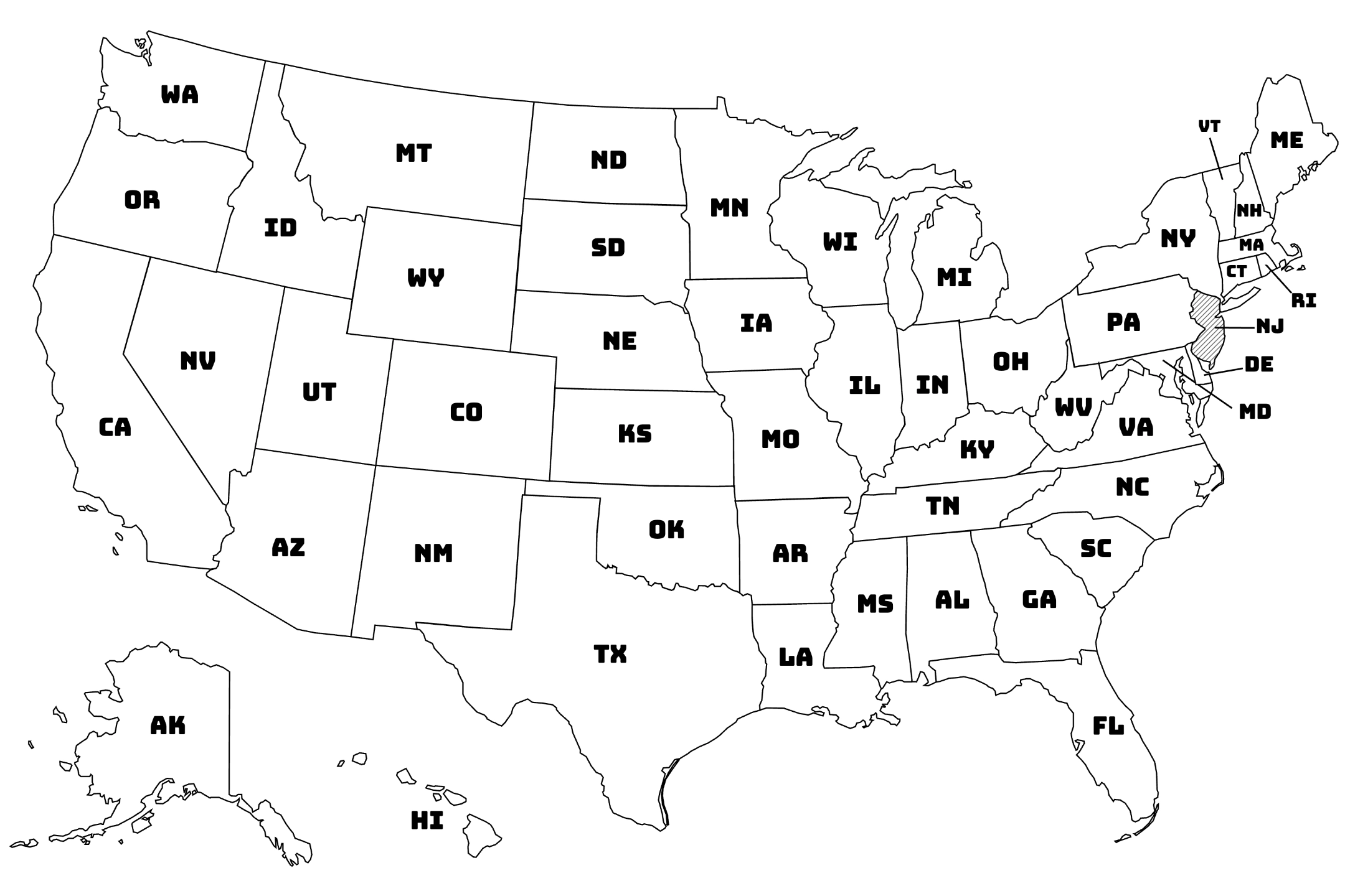 Map of the United States with New Jersey highlighted using diagonal shading.