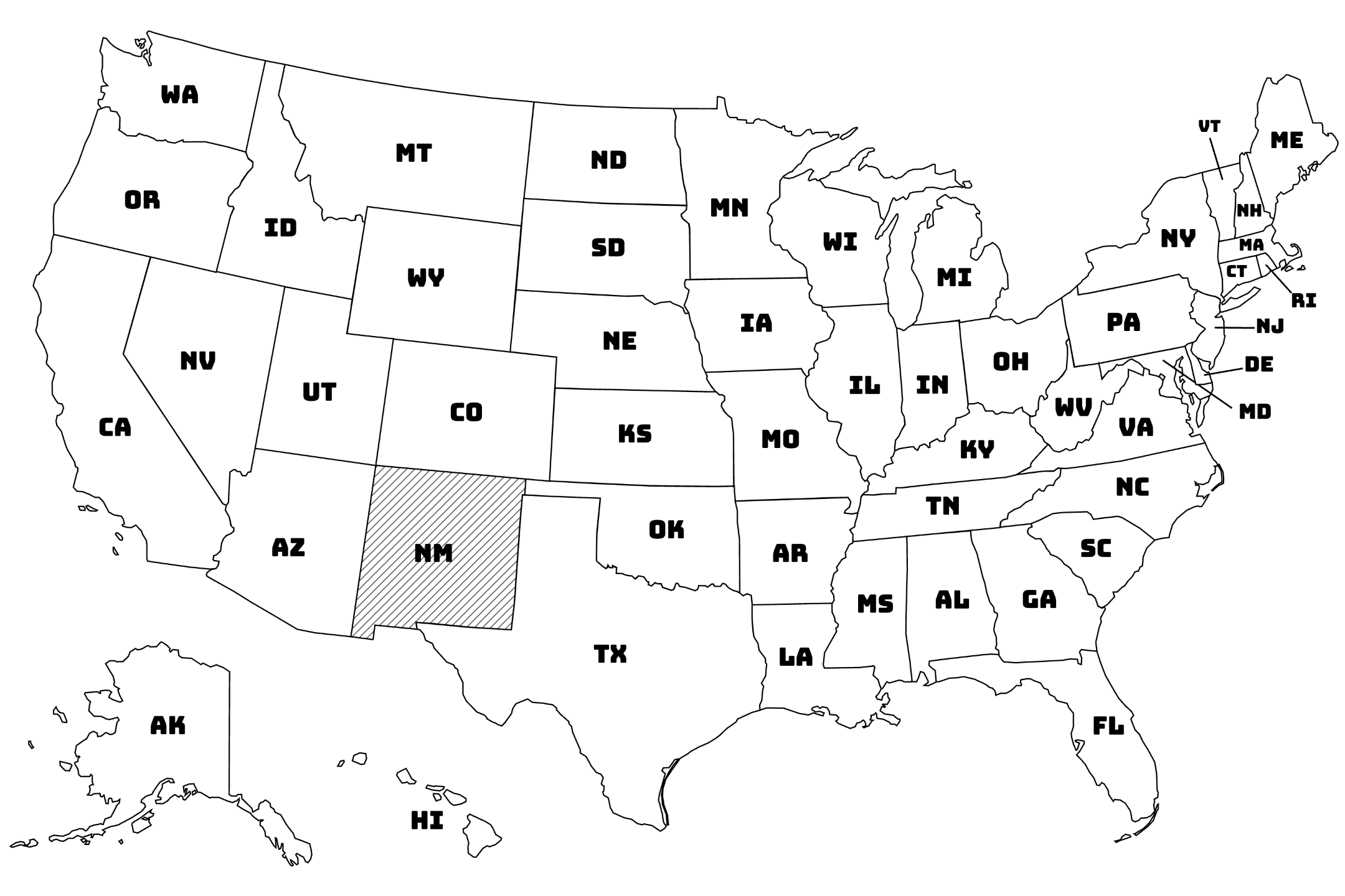 Map of the United States with New Mexico highlighted using diagonal shading.