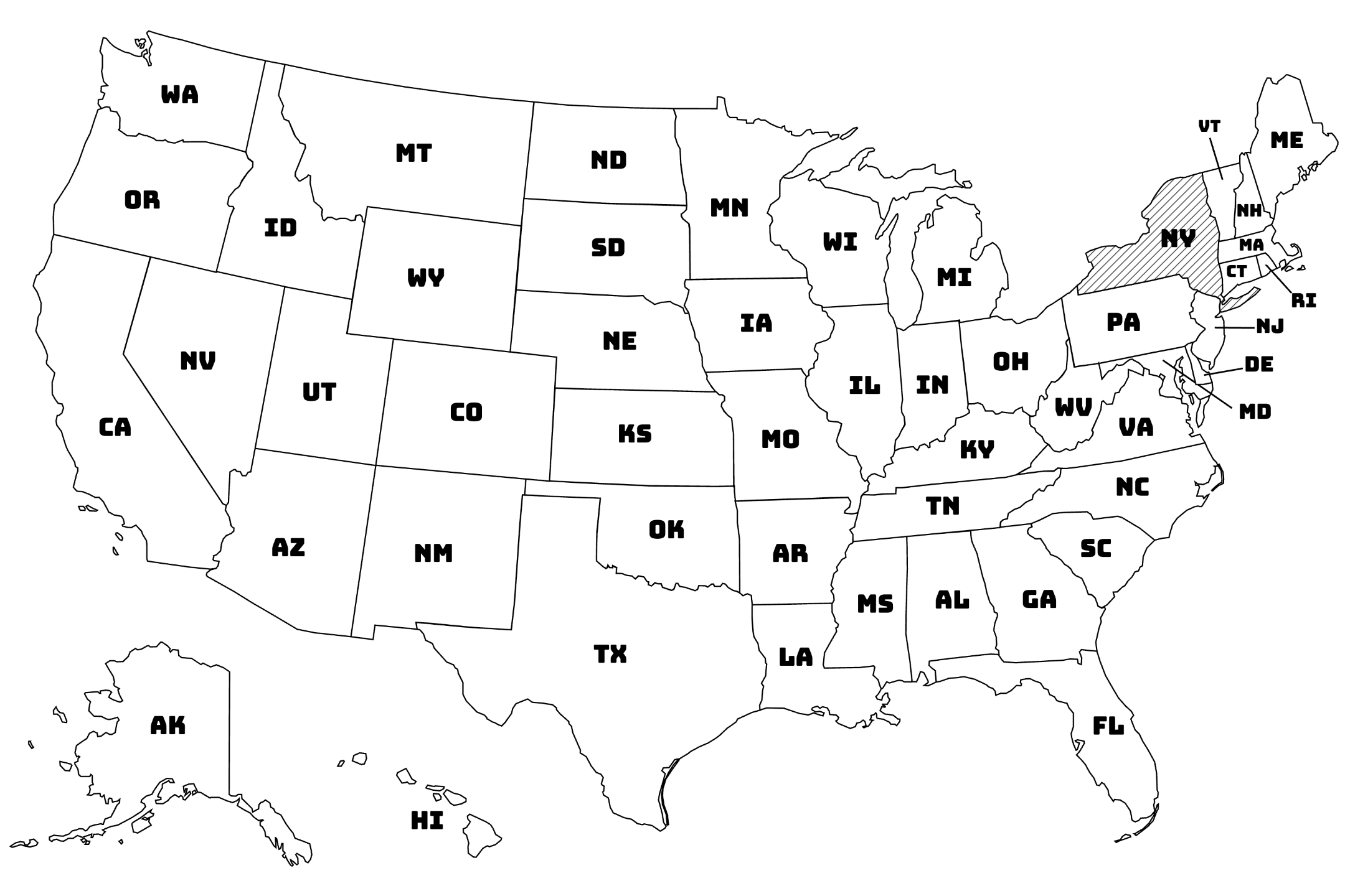 Map of the United States with New York highlighted using diagonal shading.