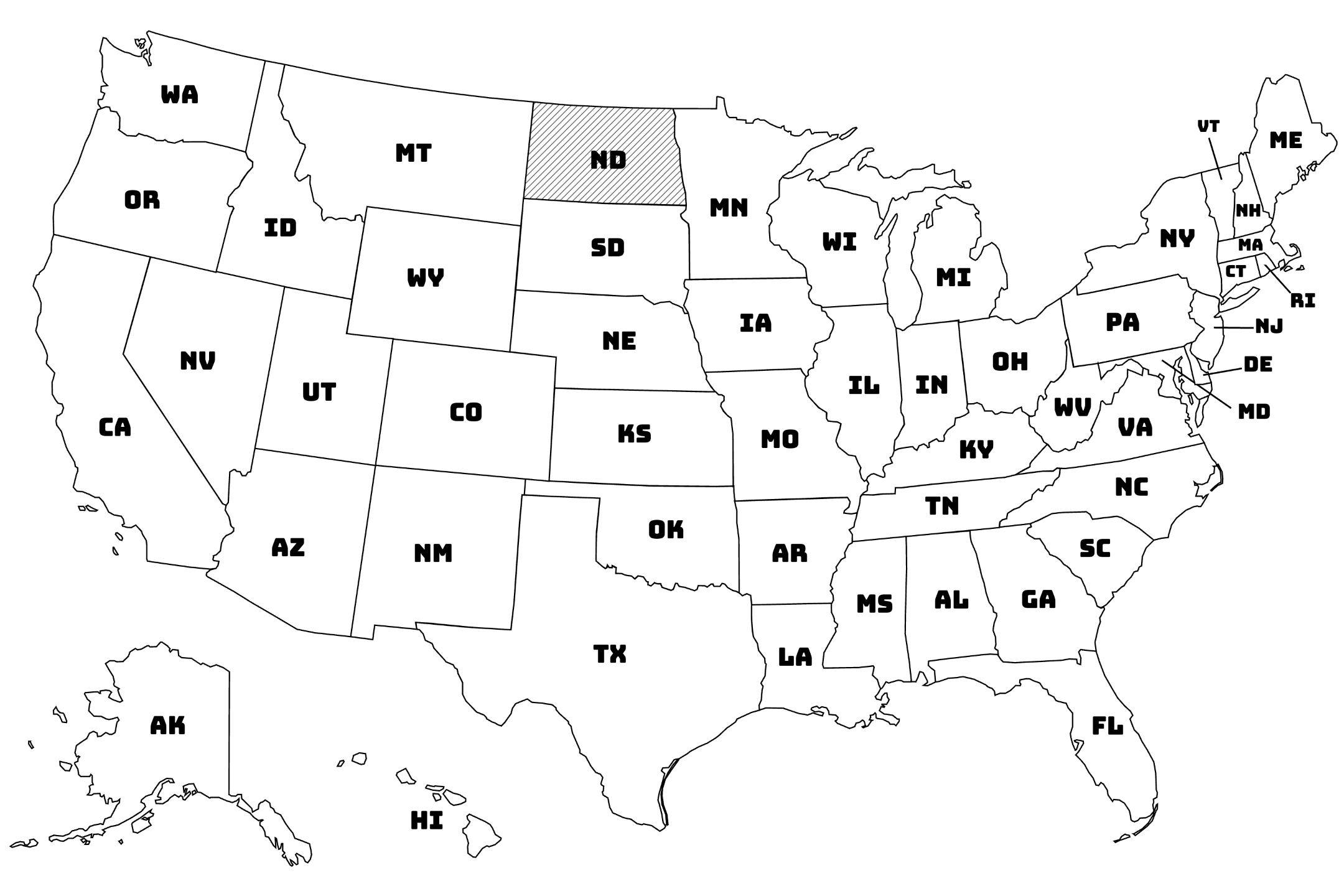 Map of the United States with North Dakota highlighted using diagonal shading.