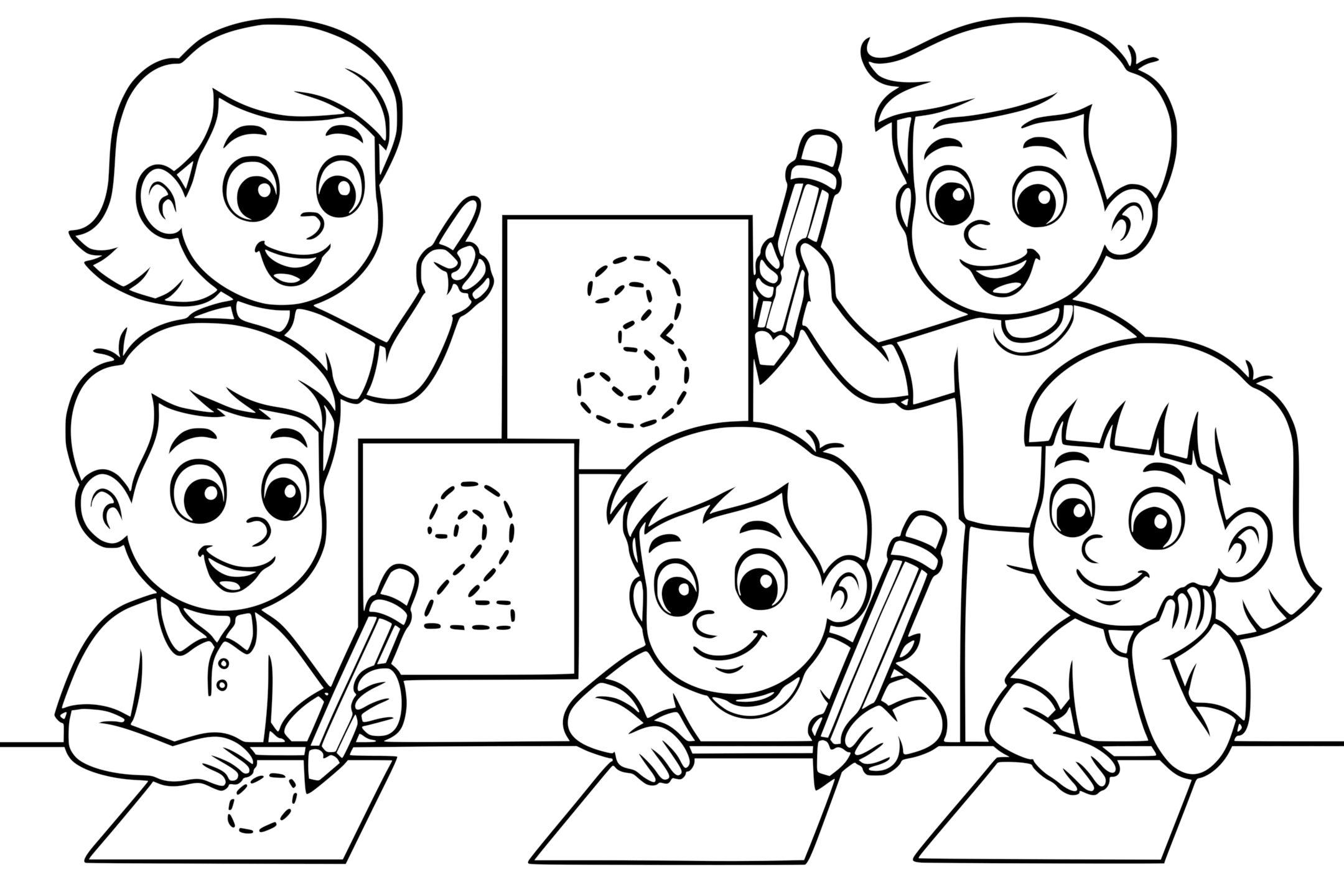Number tracing worksheet illustration with five smiling children using big pencils to trace dotted numbers like 0, 2, 3, and 8 in black and white cartoon style on a white background.