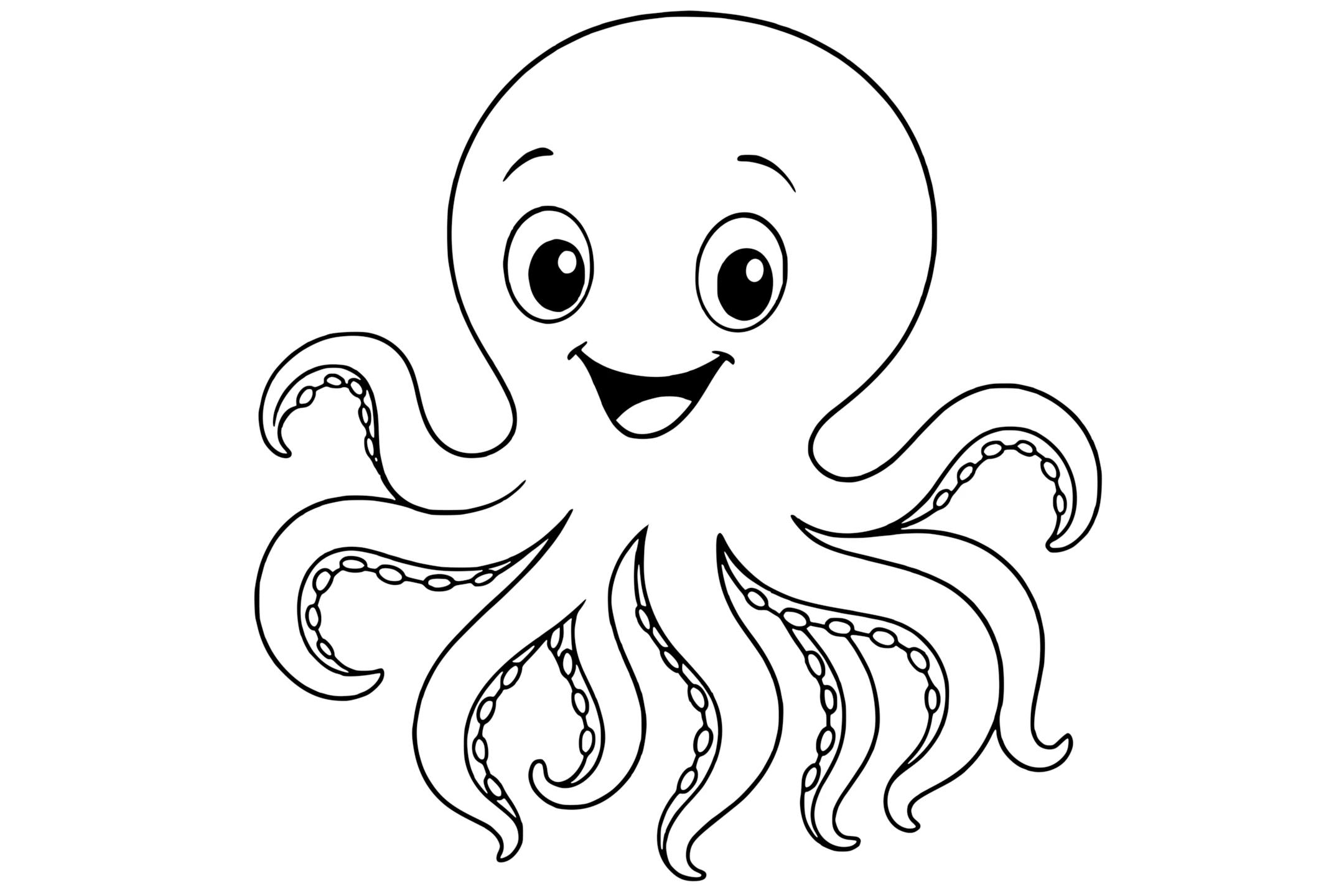 Octopus with big eyes, a wide smile, and eight curved arms with visible suction cups.