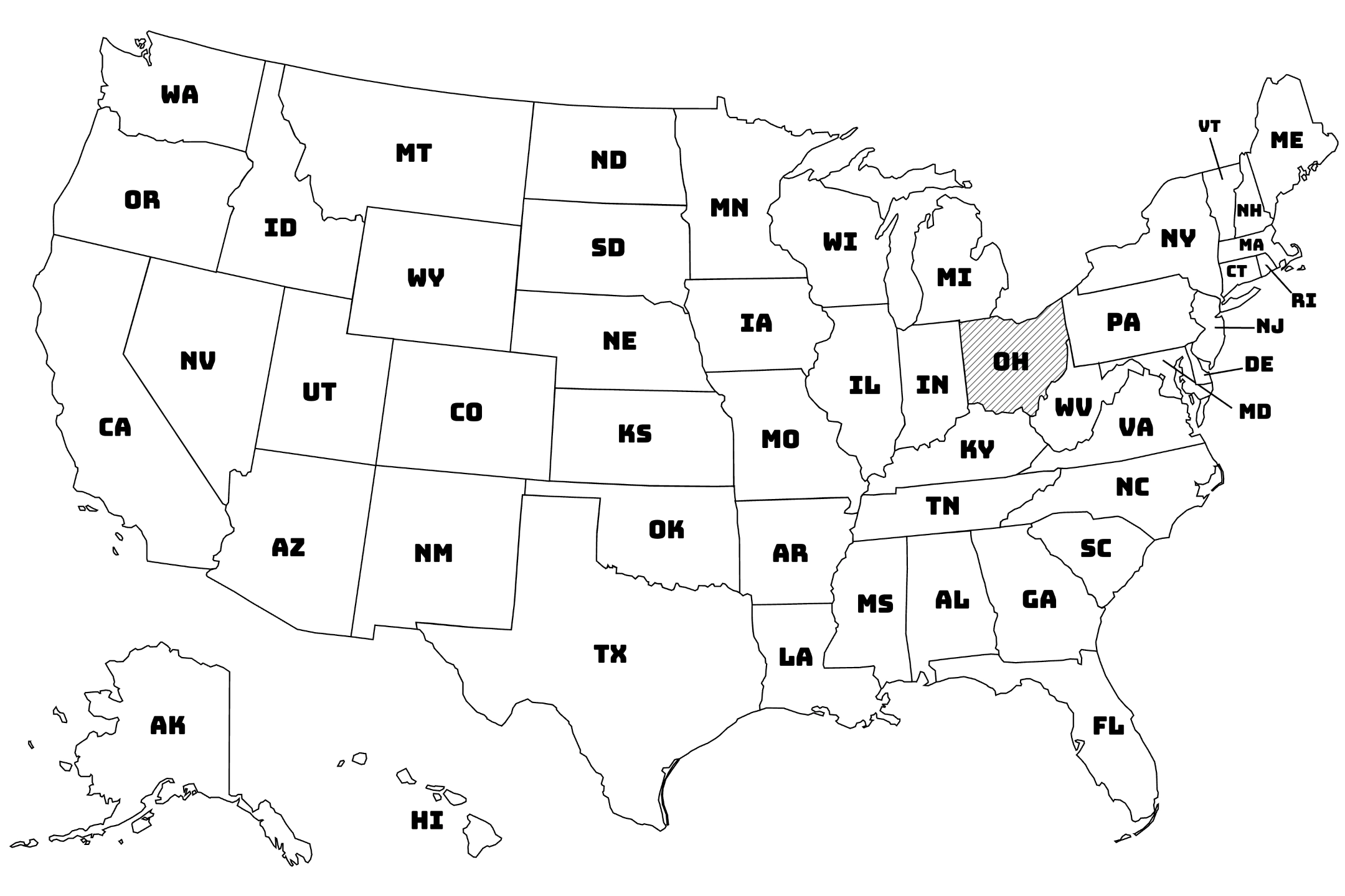 Map of the United States with Ohio highlighted using diagonal shading.
