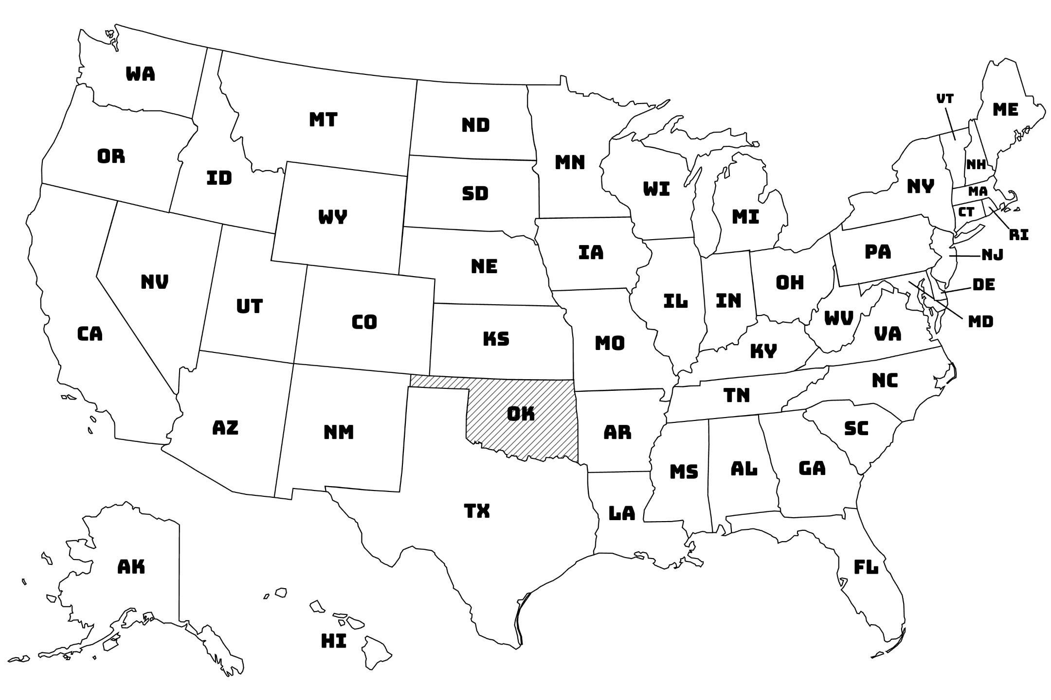 Map of the United States with Oklahoma highlighted using diagonal shading.