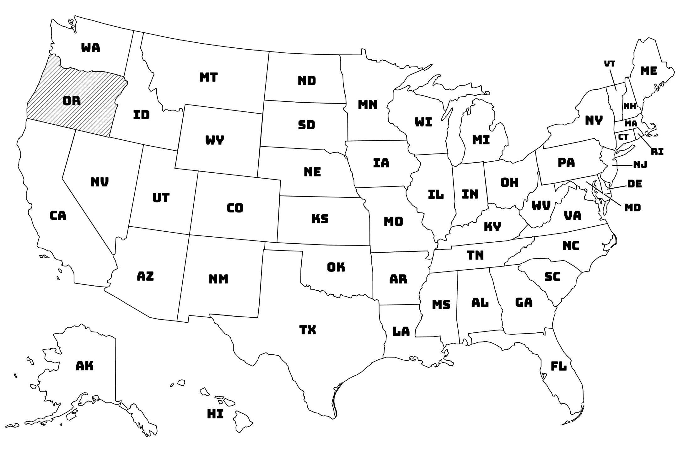 Map of the United States with Oregon highlighted using diagonal shading.